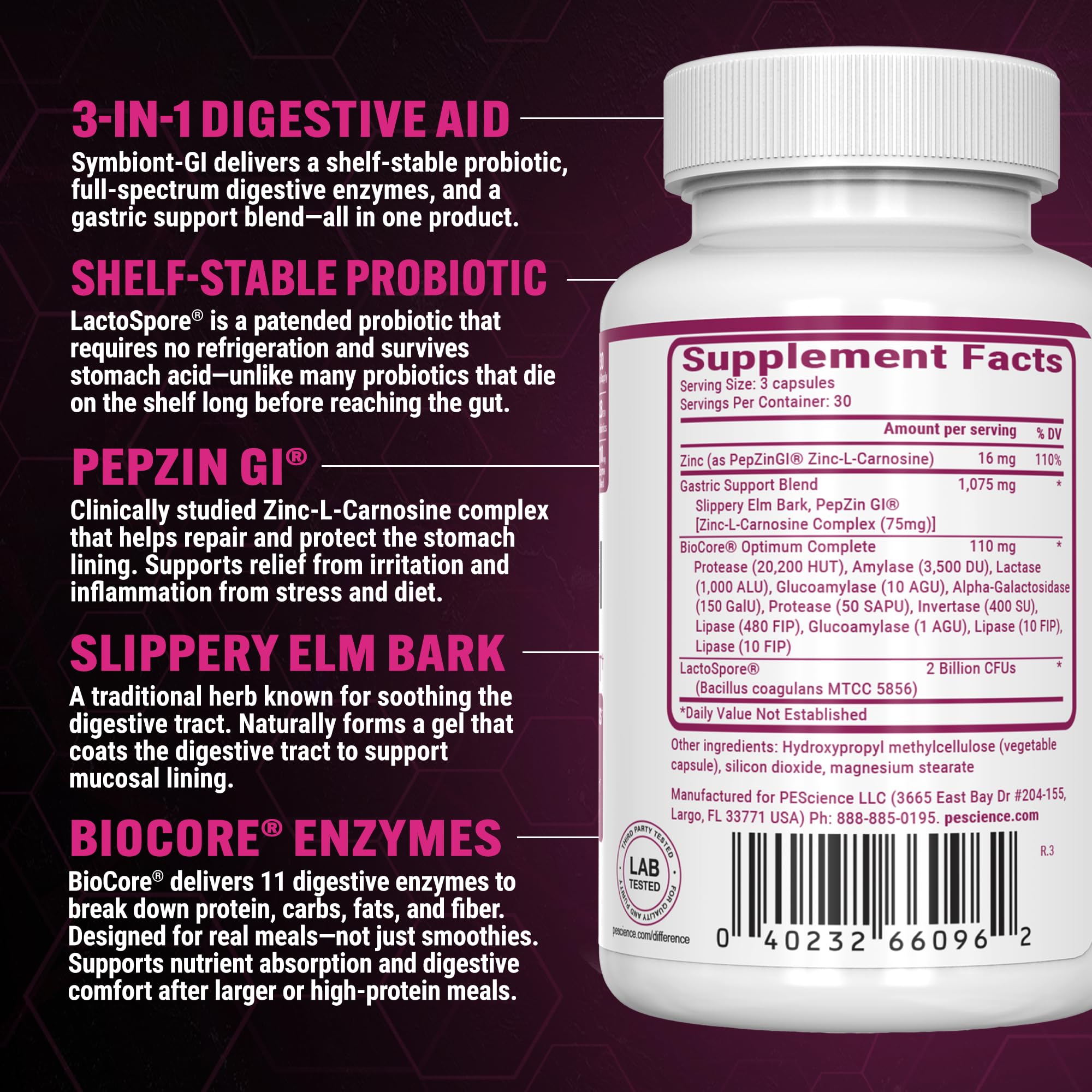 PEScience Symbiont-GI Probiotic Supplement 77g side view