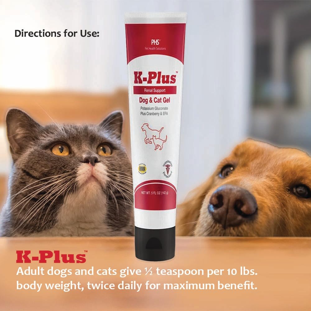 Pet Health Solutions K-Plus Gel 142g on a table with pet food