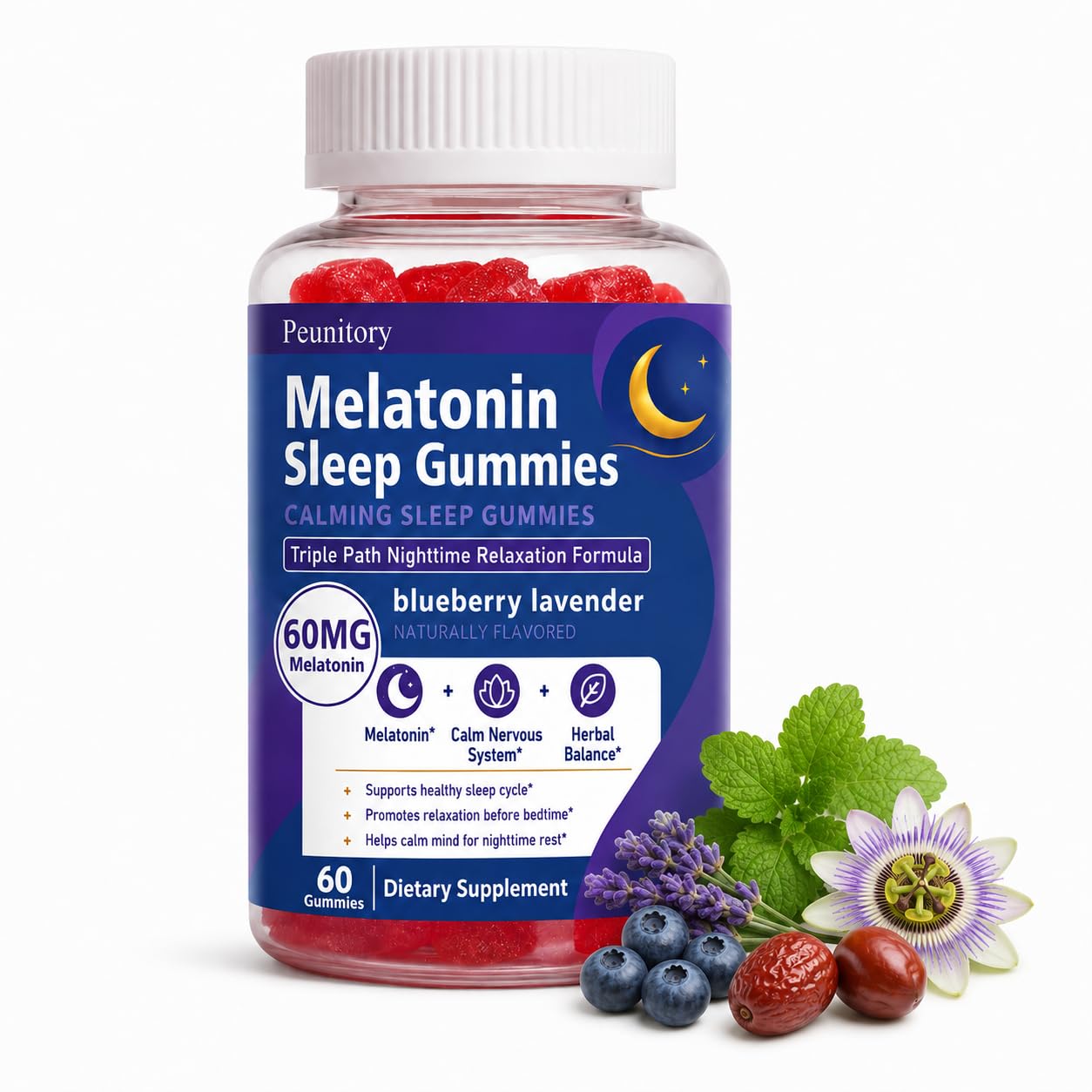 Peunitory Melatonin Gummies front view with packaging