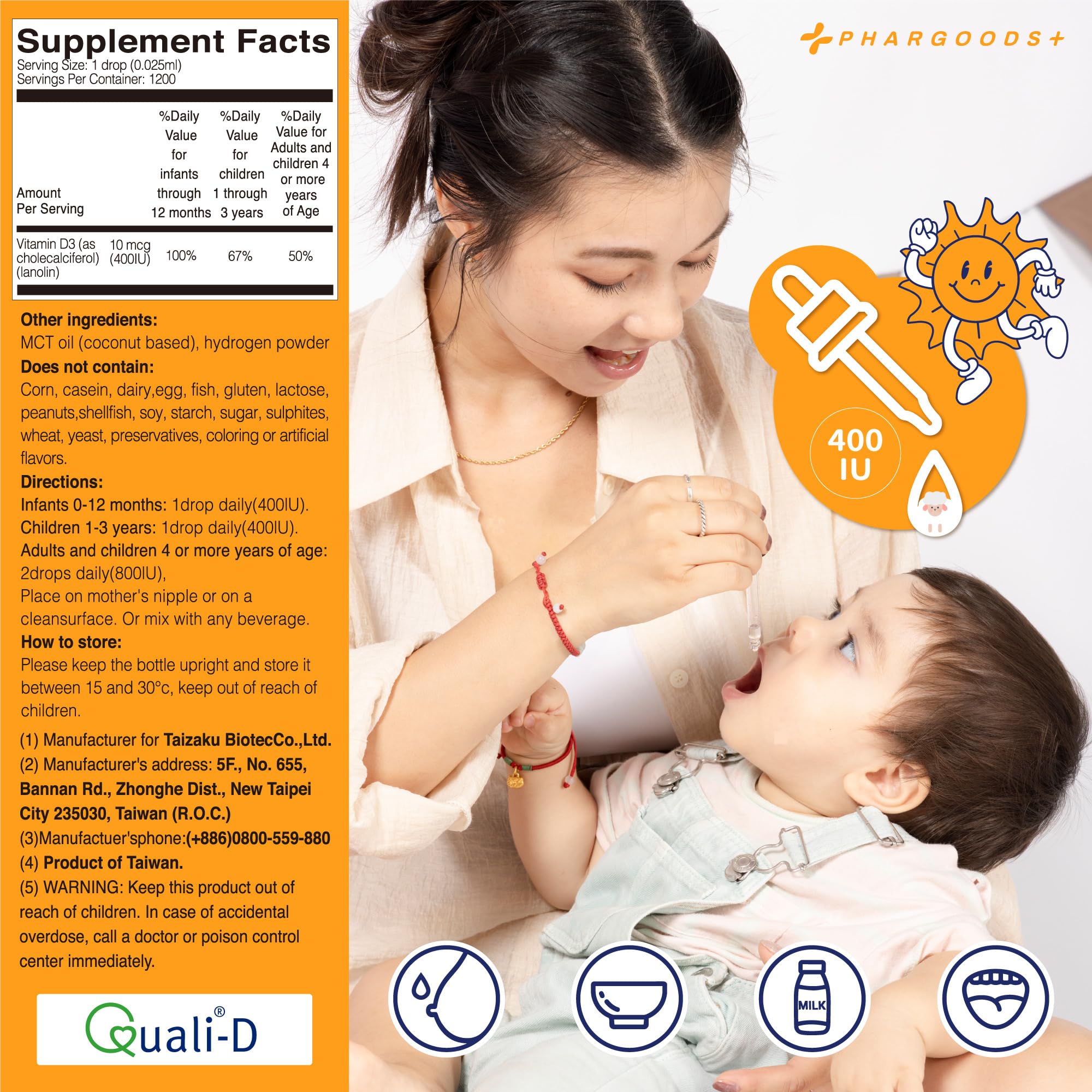 PHARGOODS+ Vitamin D3 Drops 30ml bottle in kitchen setting