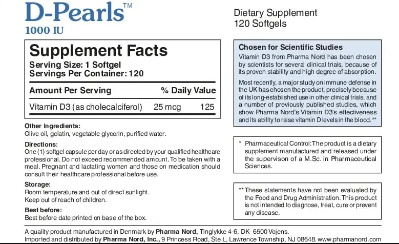 Pharma Nord Vitamin D Softgel Pearls nutritional information