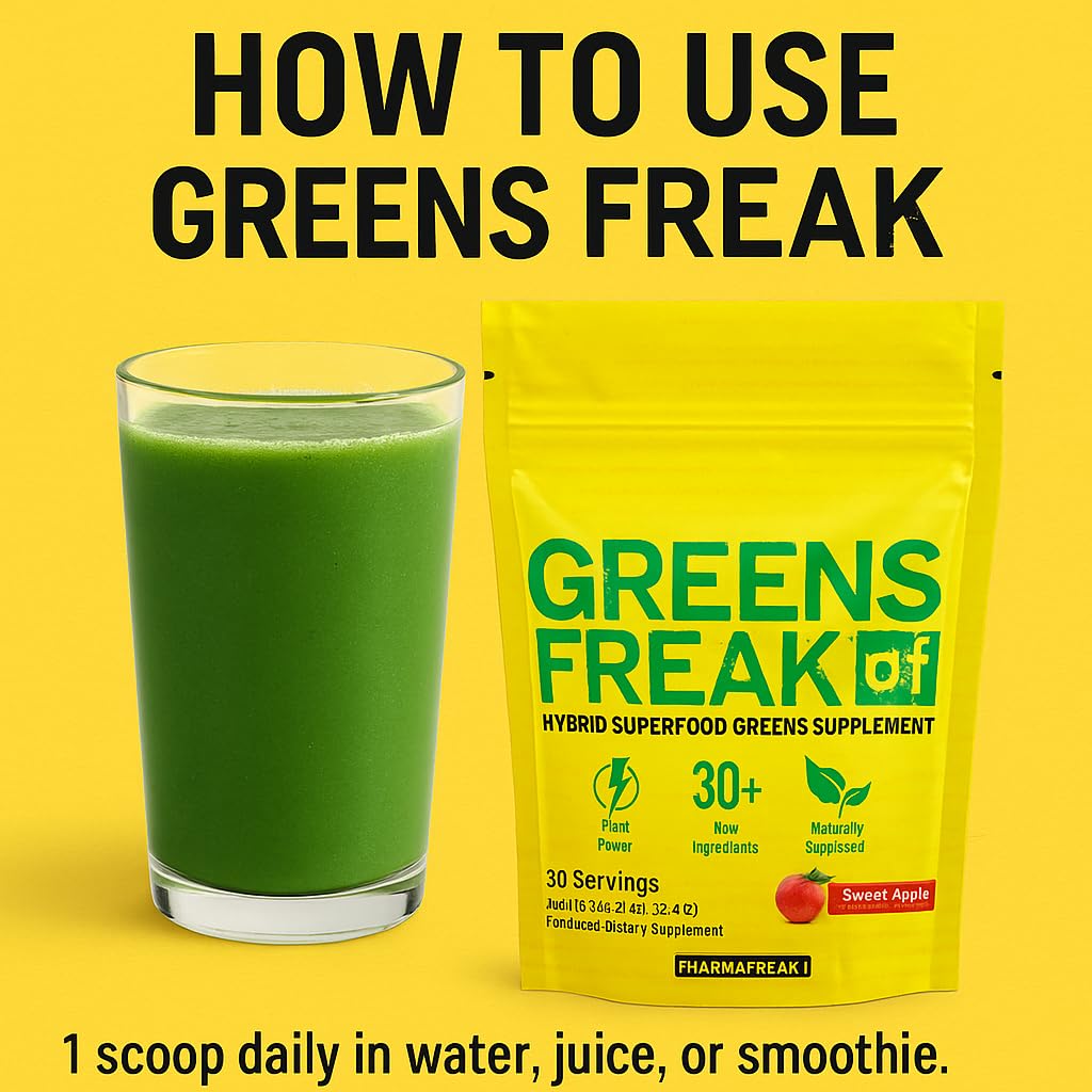 Pharmafreak Greens Freak Spirulina Powder 266g mixed in a smoothie