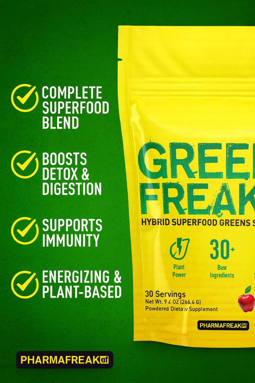 Pharmafreak Greens Freak Spirulina Powder 266g scoop with powder