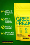 Pharmafreak Greens Freak Spirulina Powder 266g scoop with powder
