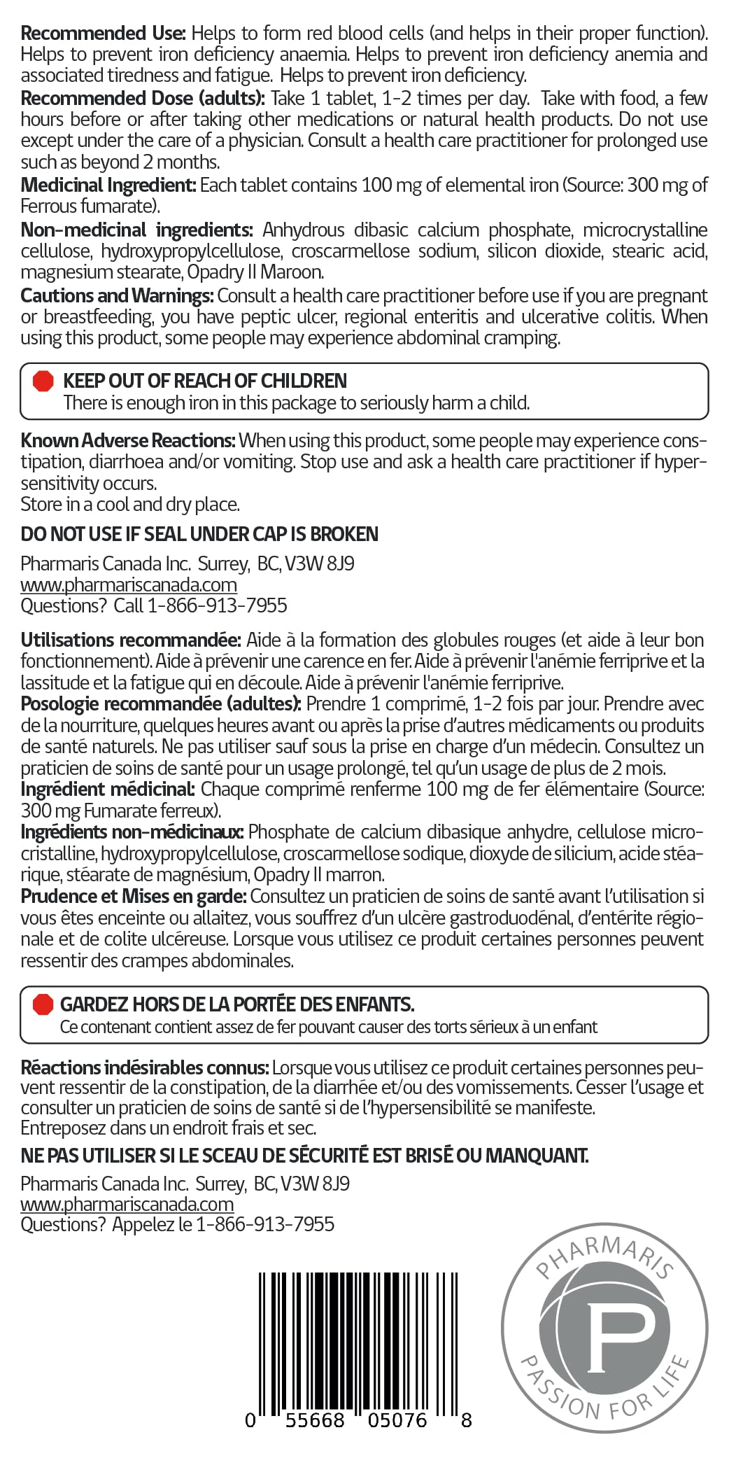 Pharmaris Iron Supplements bottle with dosage instructions