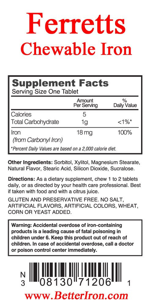 Pharmics Iron Chewables packaging with nutritional information