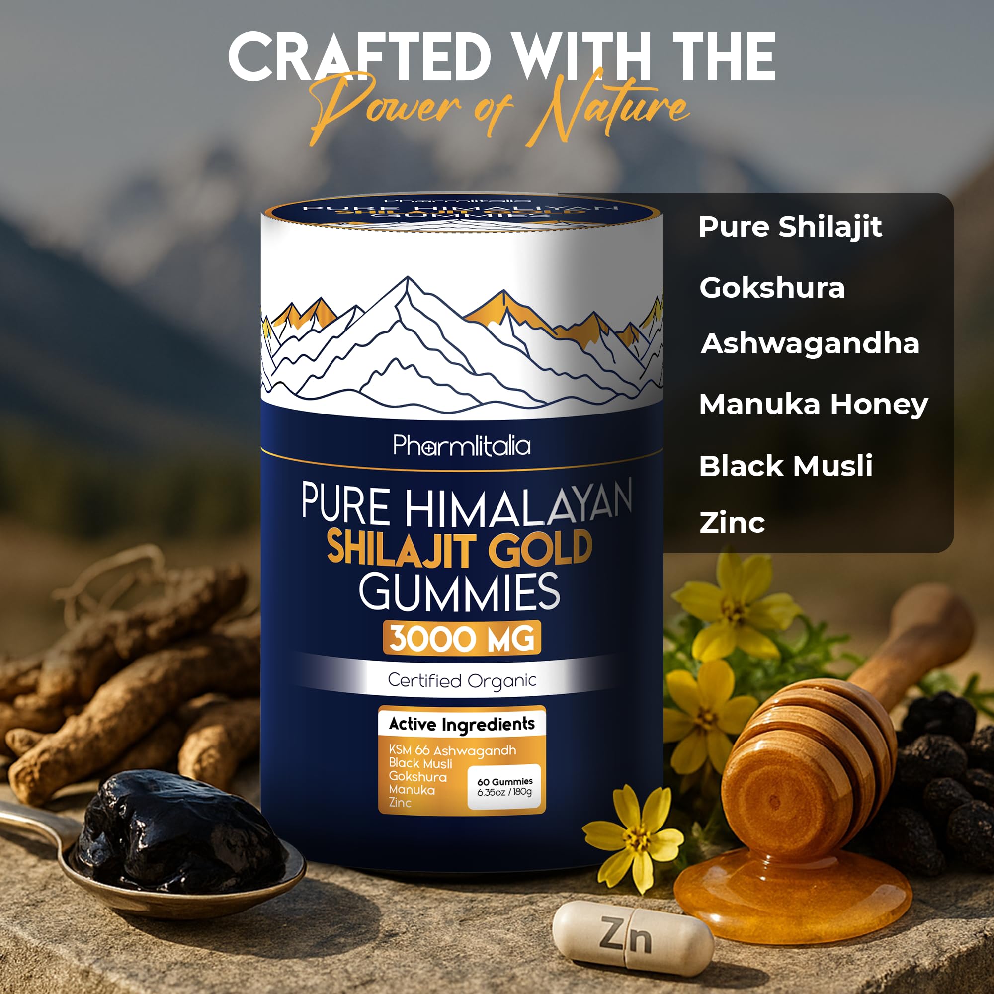 Pharmlitalia Shilajit Gummies on a wooden table