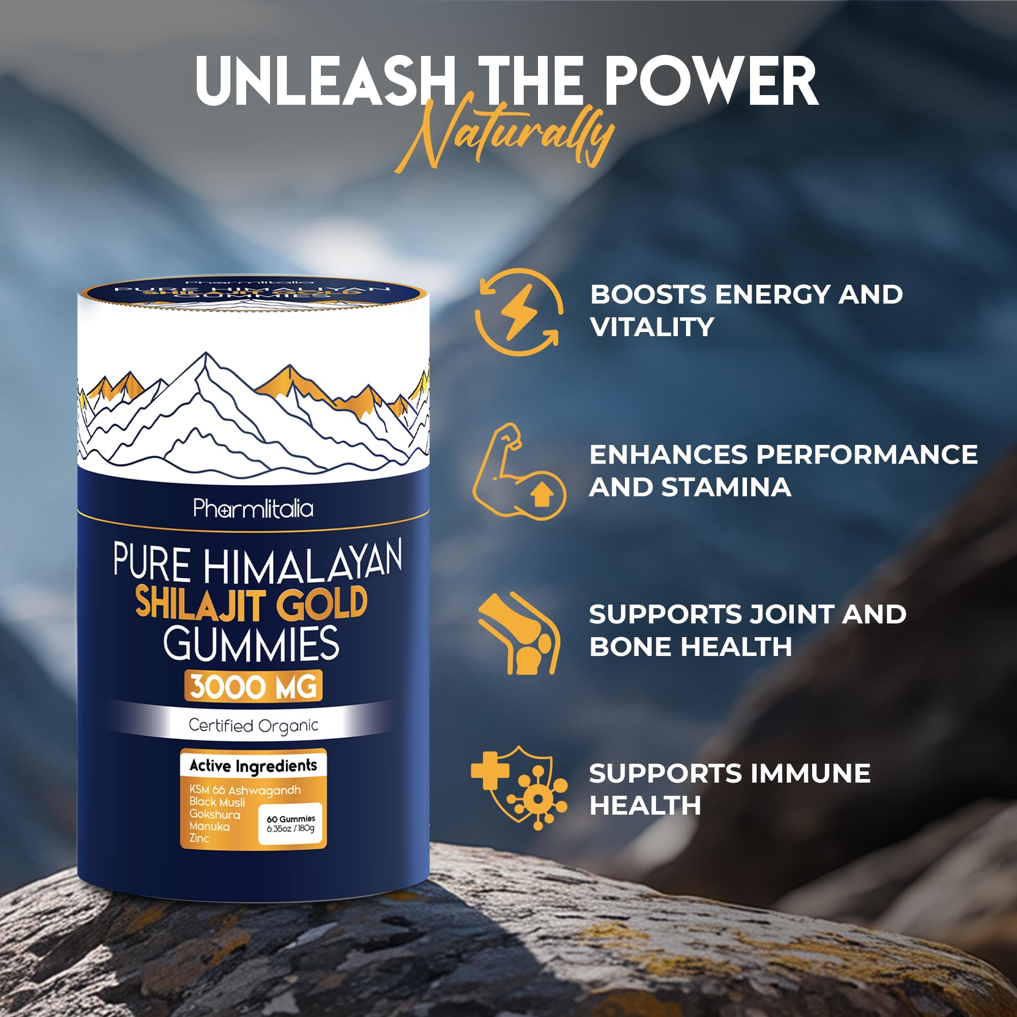 Pharmlitalia Shilajit Gummies with a measuring spoon