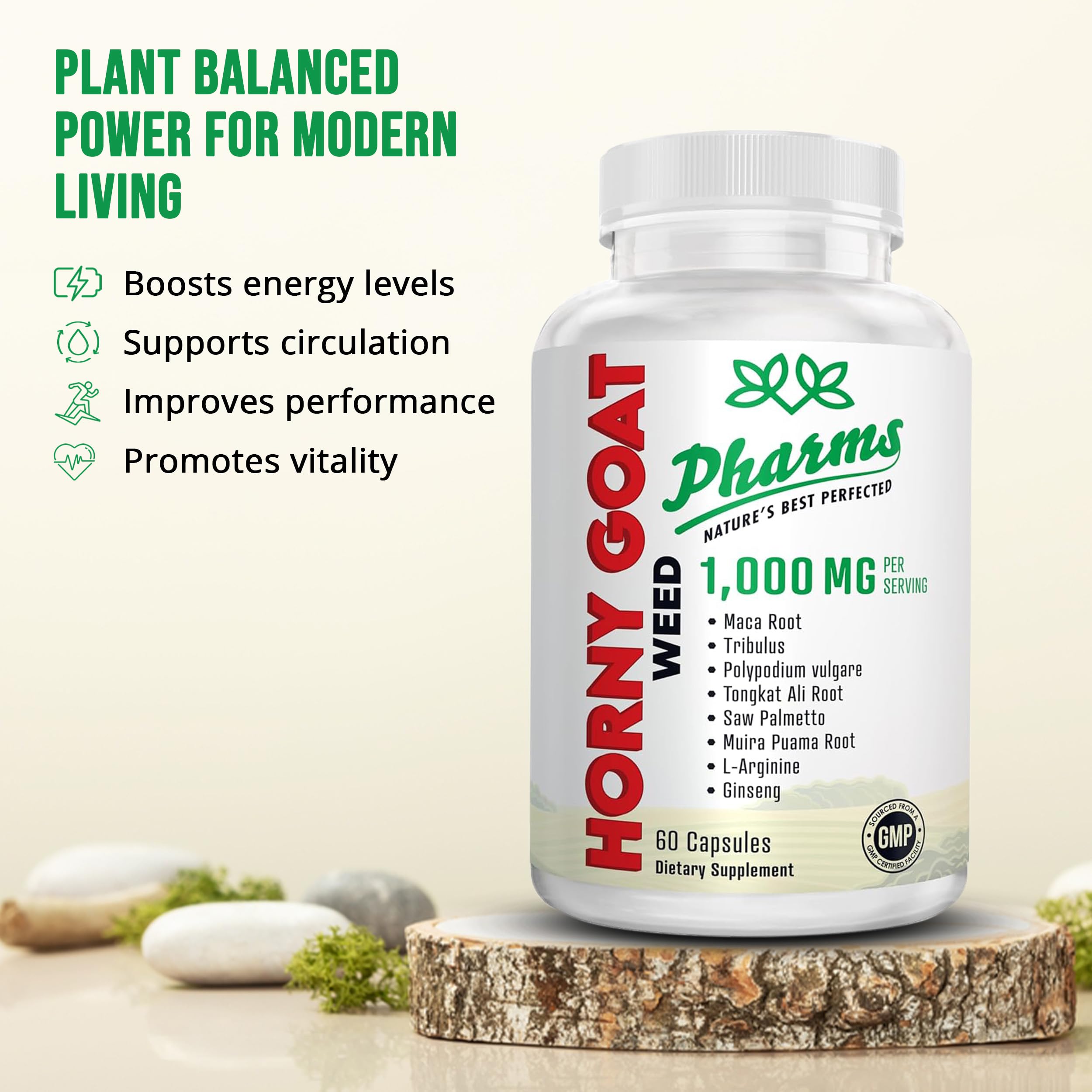 PHARMS Horny Goat Weed Supplement 1000mg capsules close-up