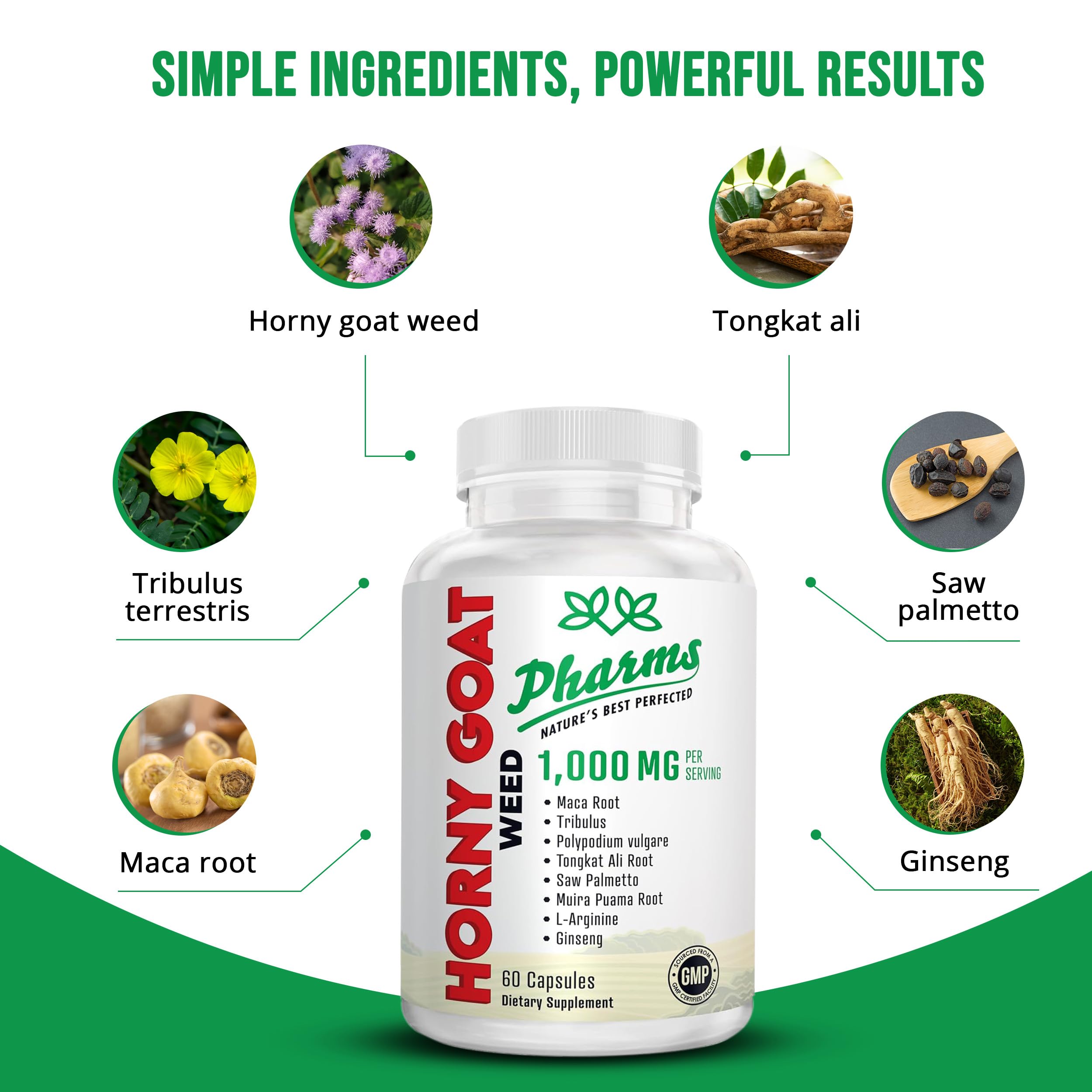 PHARMS Horny Goat Weed Supplement 1000mg on a kitchen counter