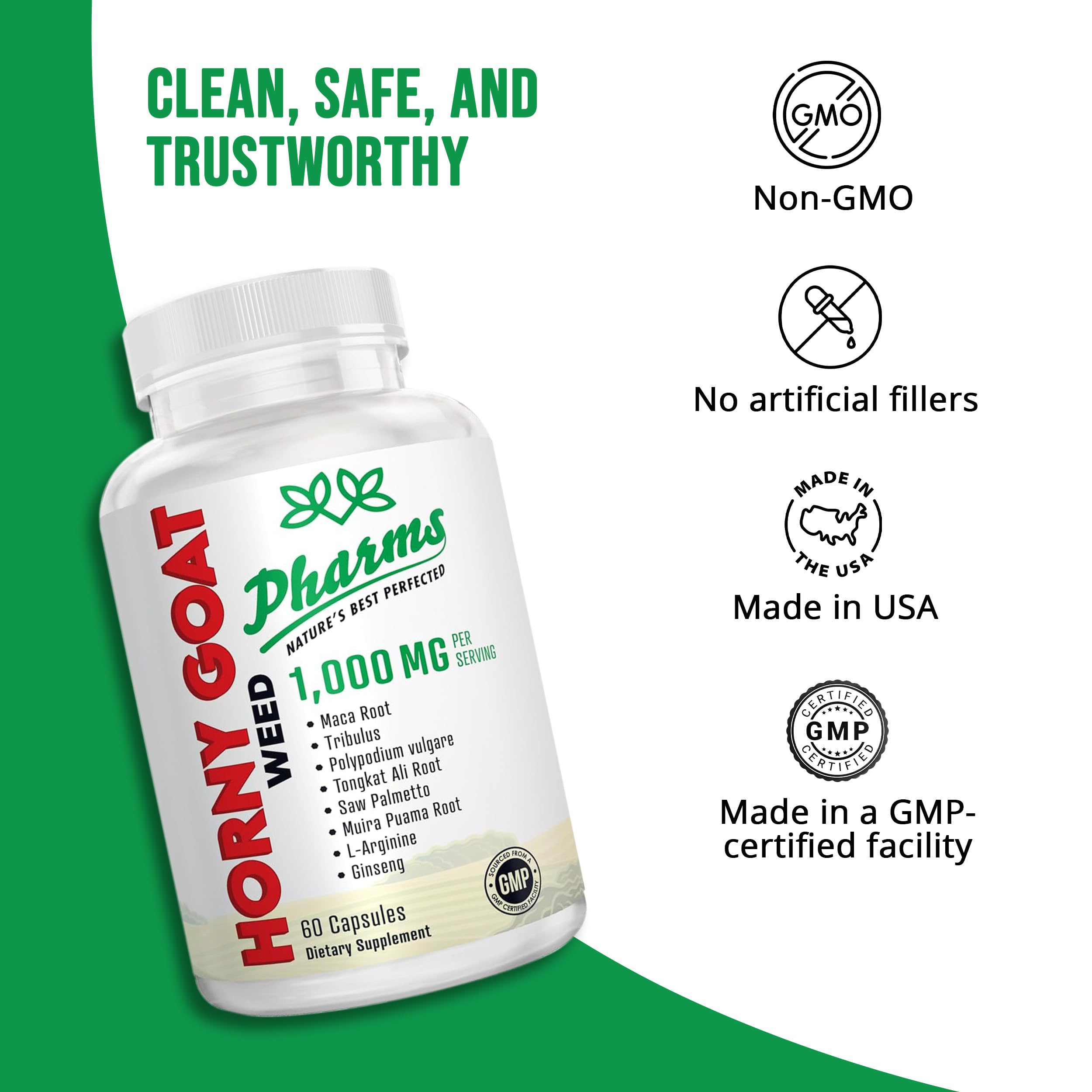 PHARMS Horny Goat Weed Supplement 1000mg with a glass of water