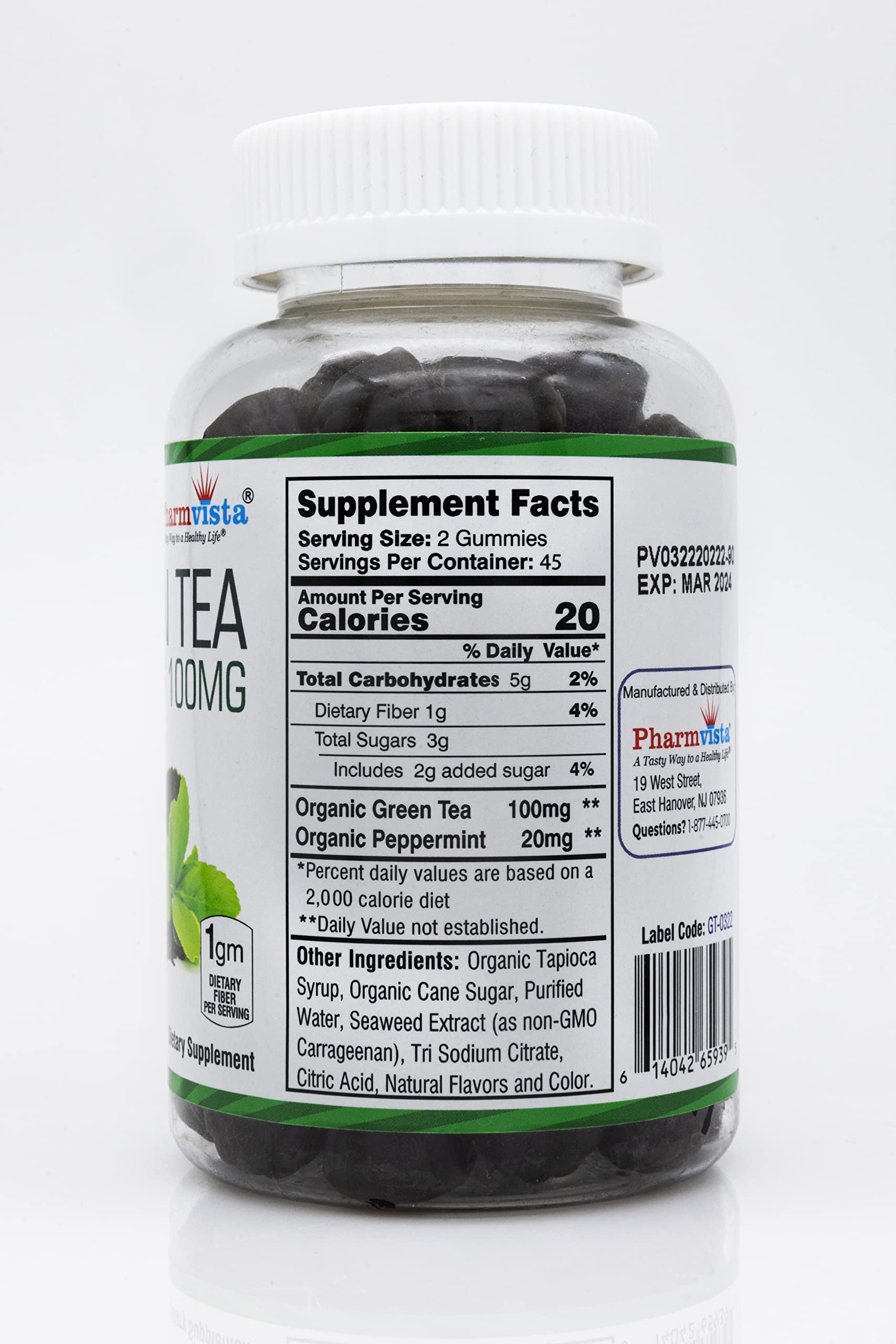 Pharmvista Organic Green Tea Gummies side view showing ingredients
