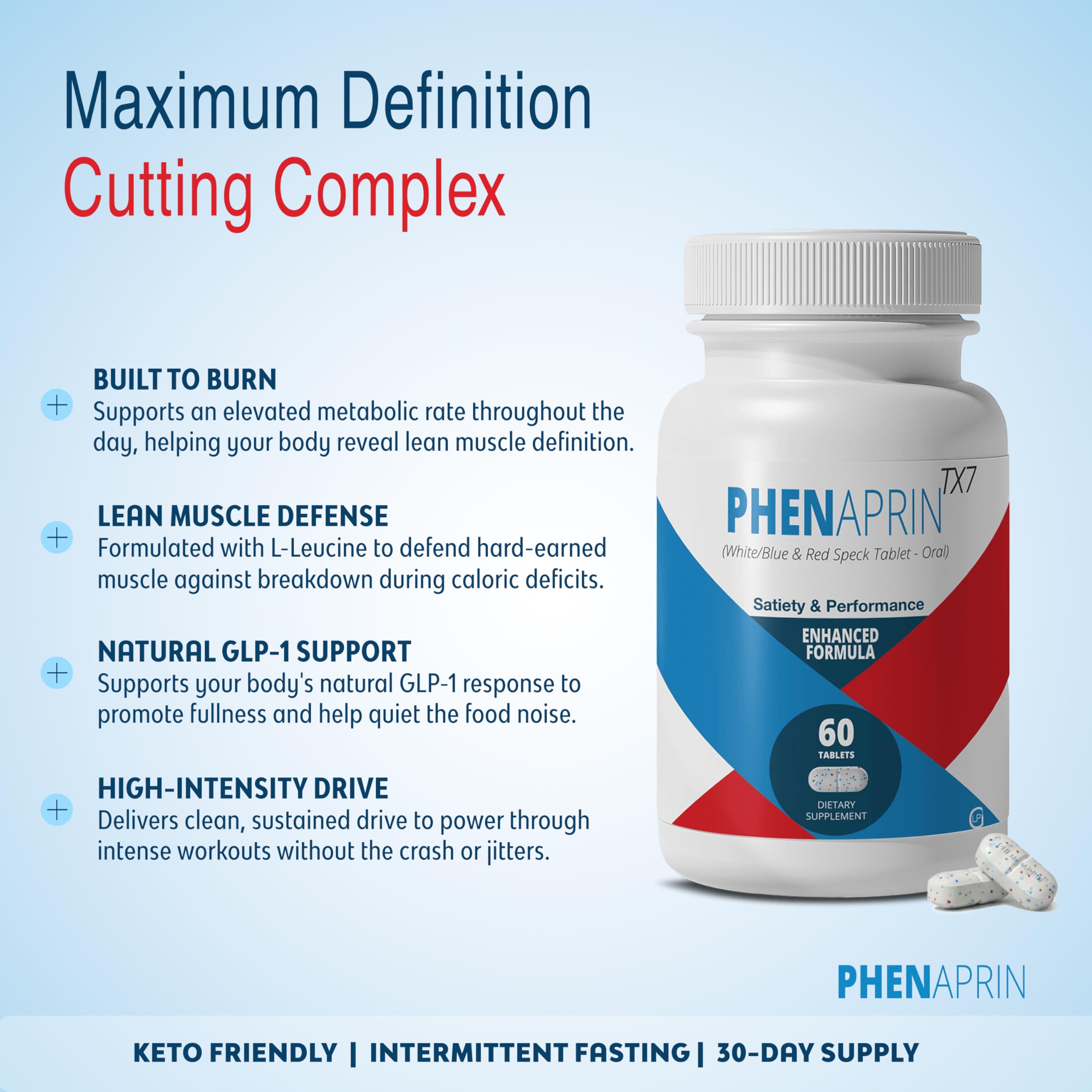 PhenAprin TX7 L-Leucine Supplement side view showing tablet count