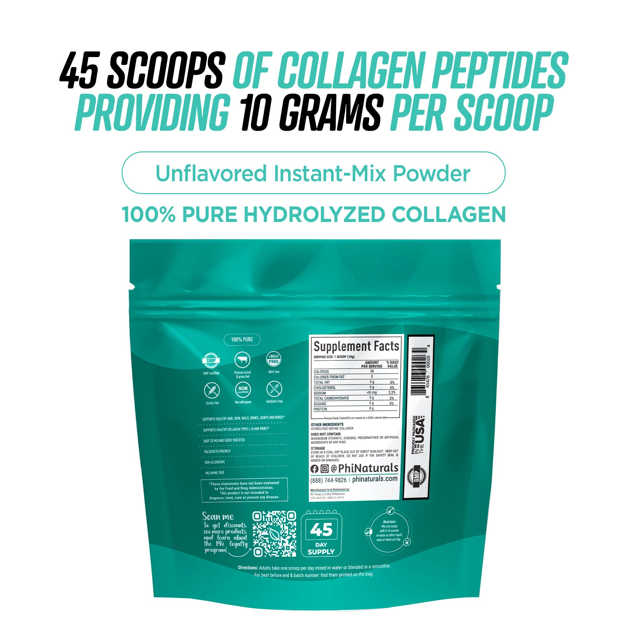 PhiNaturals Collagen Peptides Powder packaging side view