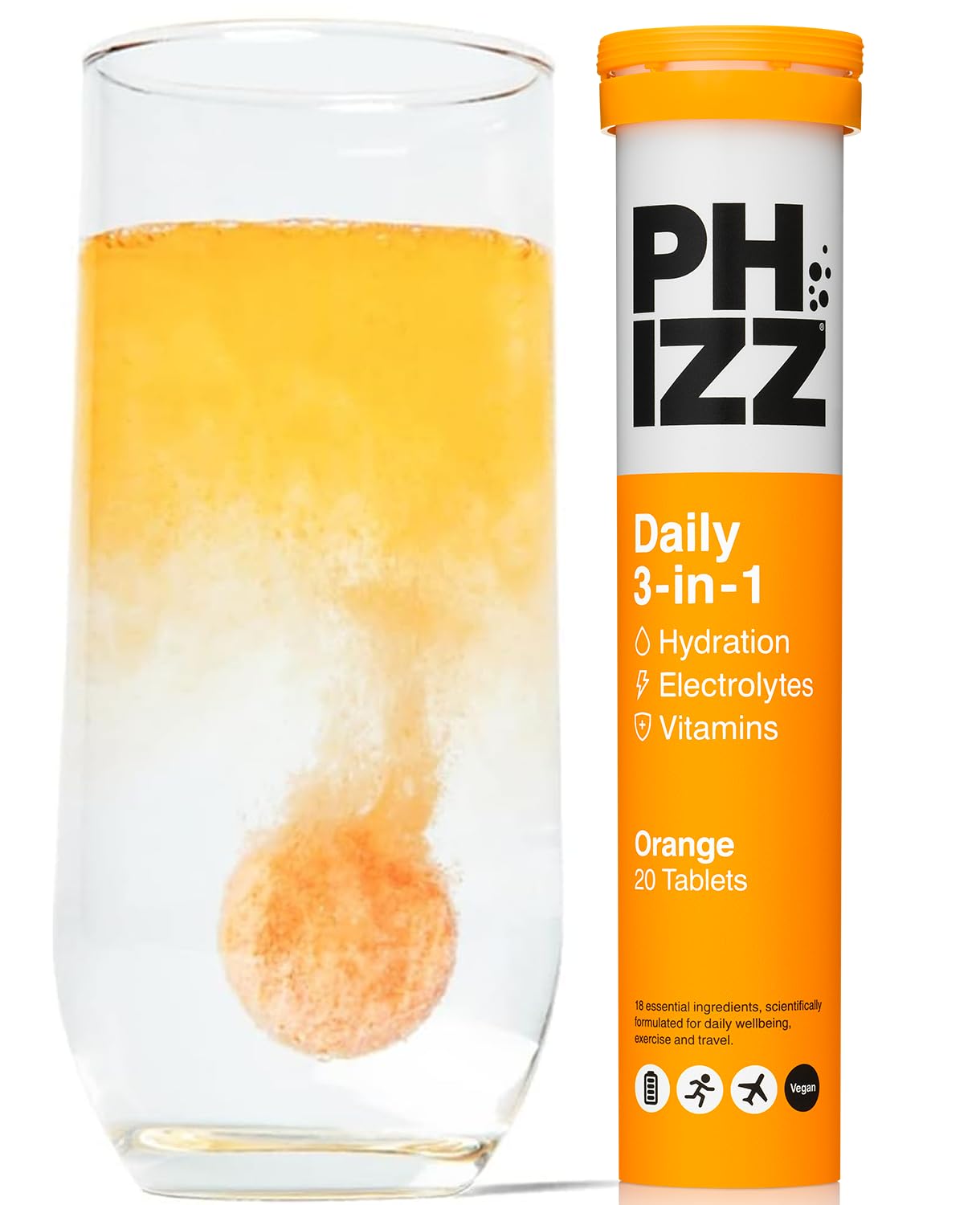 Phizz Effervescent Tablets 18 Pack front view with orange flavour
