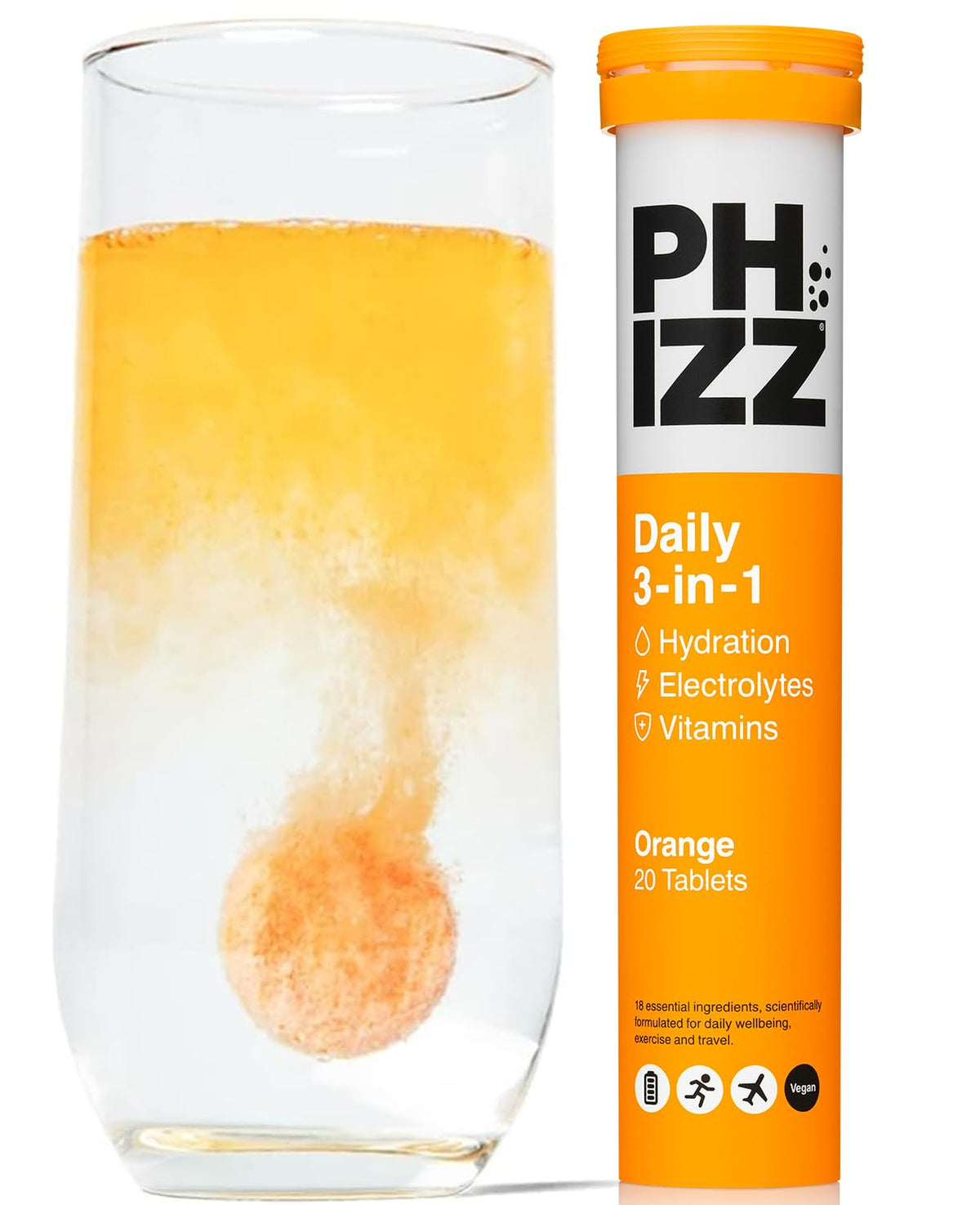 Phizz Effervescent Tablets 18 Pack front view with orange flavour