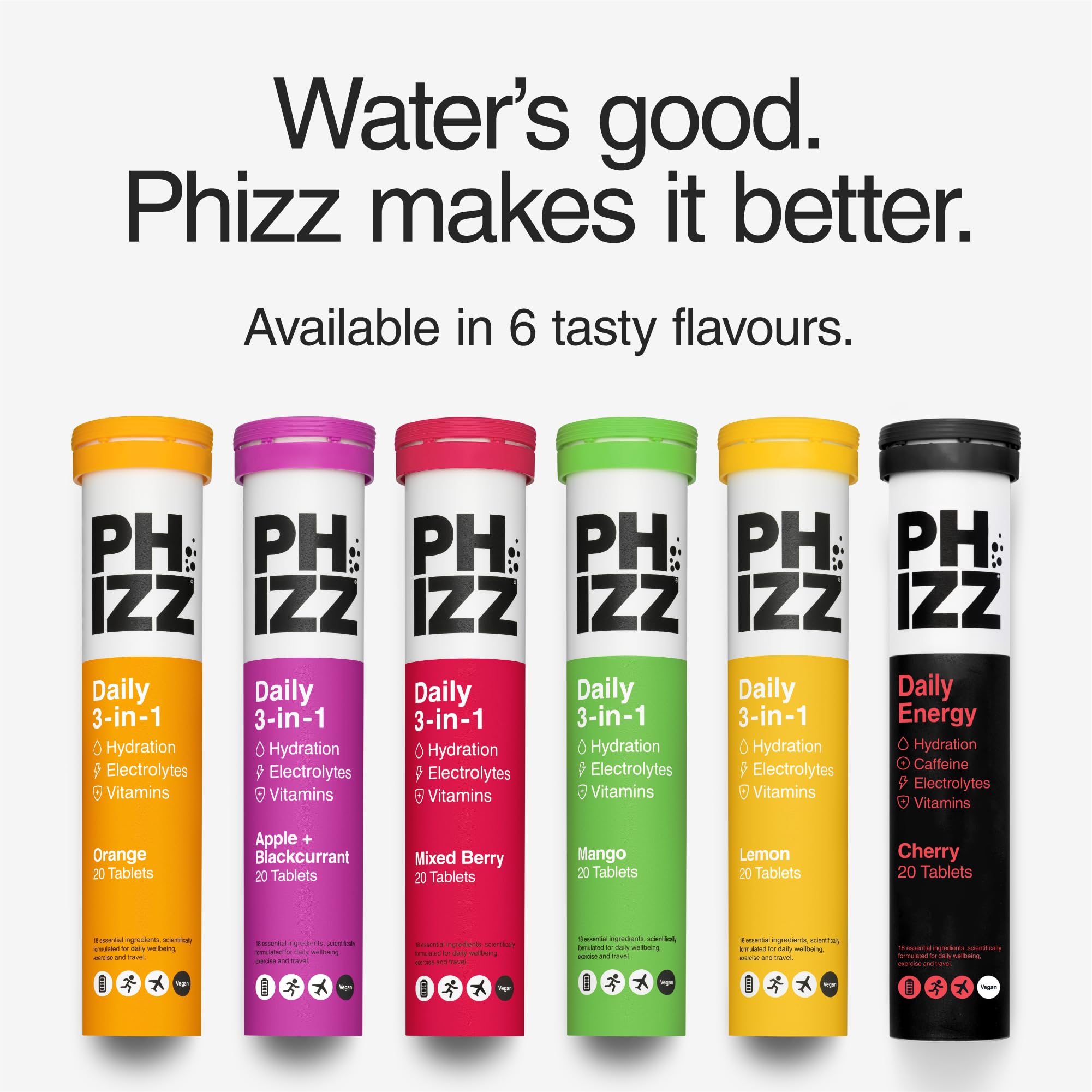 Phizz Effervescent Tablets displayed with sports gear