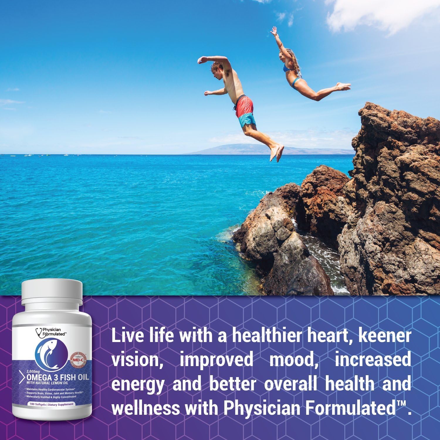 Physician Formulated Omega-3 Fish Oil Capsules 2000mg on a wooden table