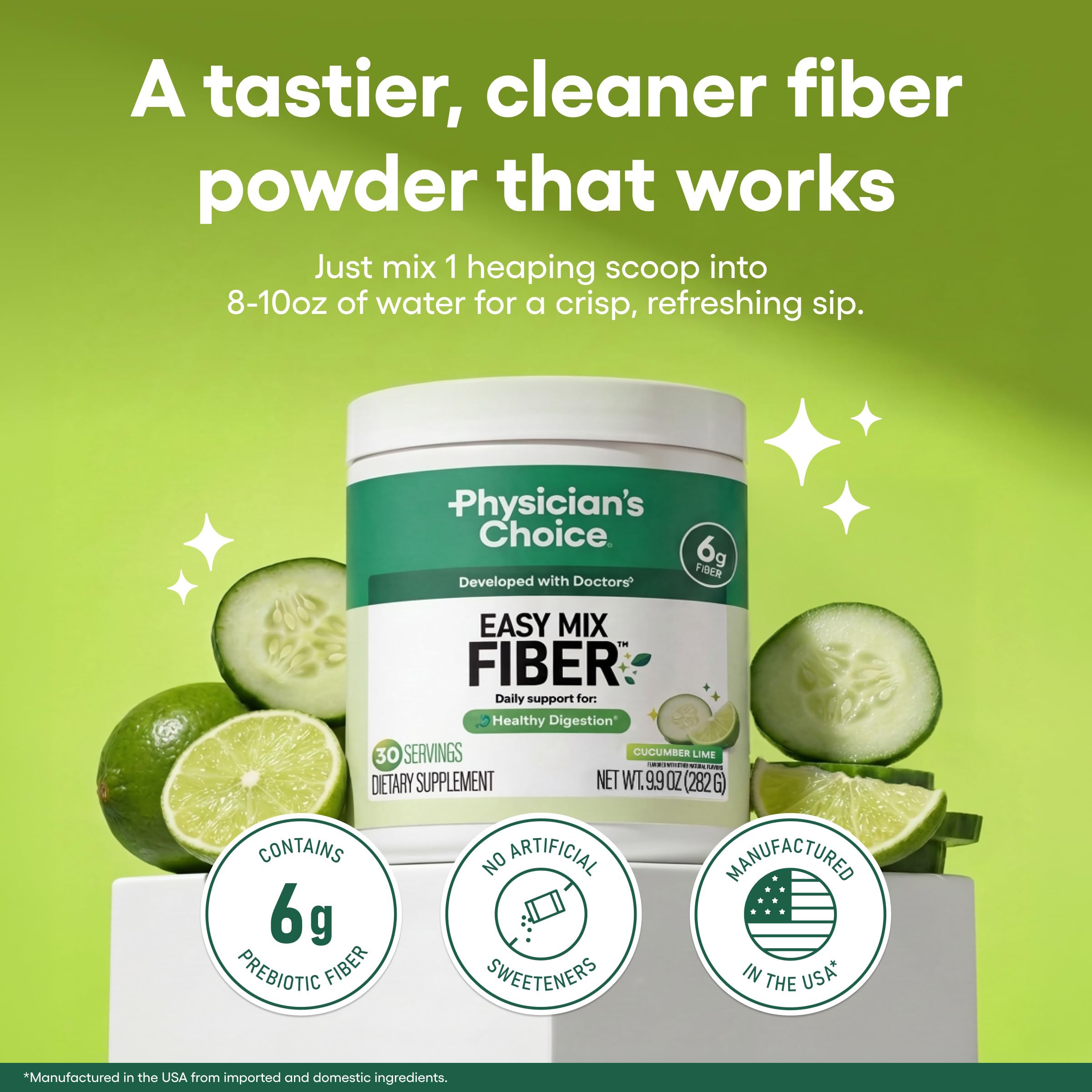 Physician's CHOICE Cucumber Lime Easy Mix Fiber powder in a glass
