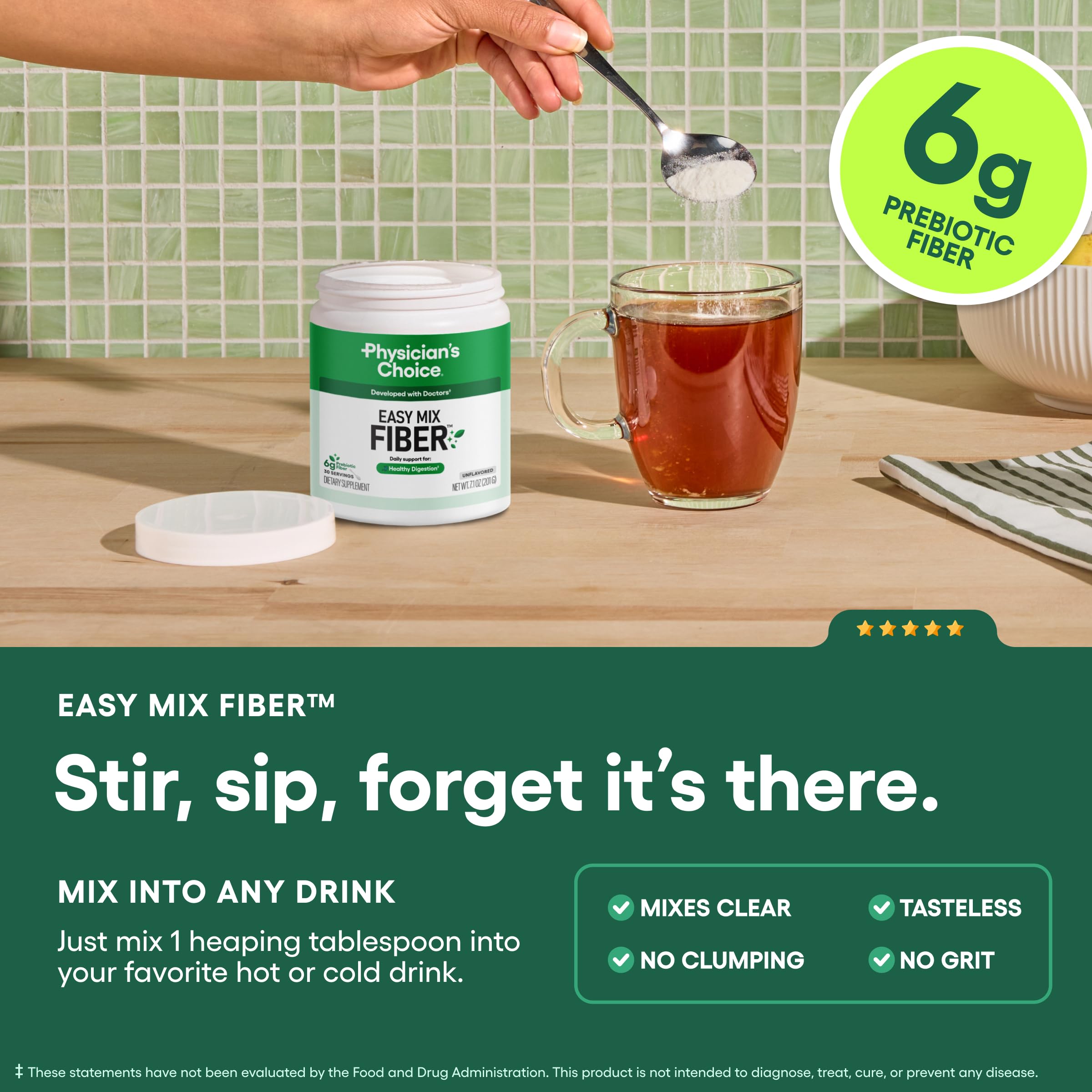 Physician's CHOICE Easy Mix Fiber Powder in a glass of water