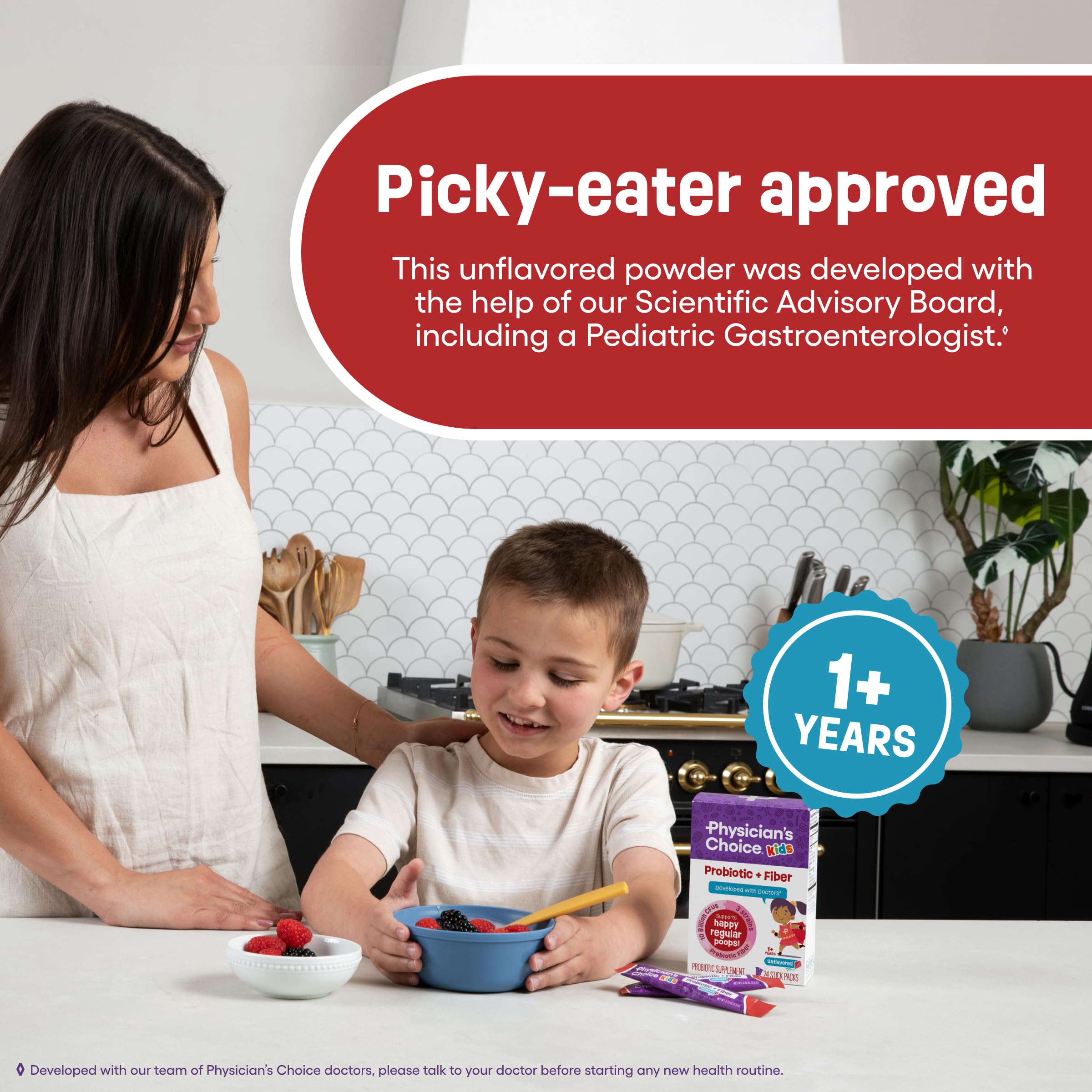 Physician's CHOICE Kids Prebiotic + Fibre Supplement stick packs layout