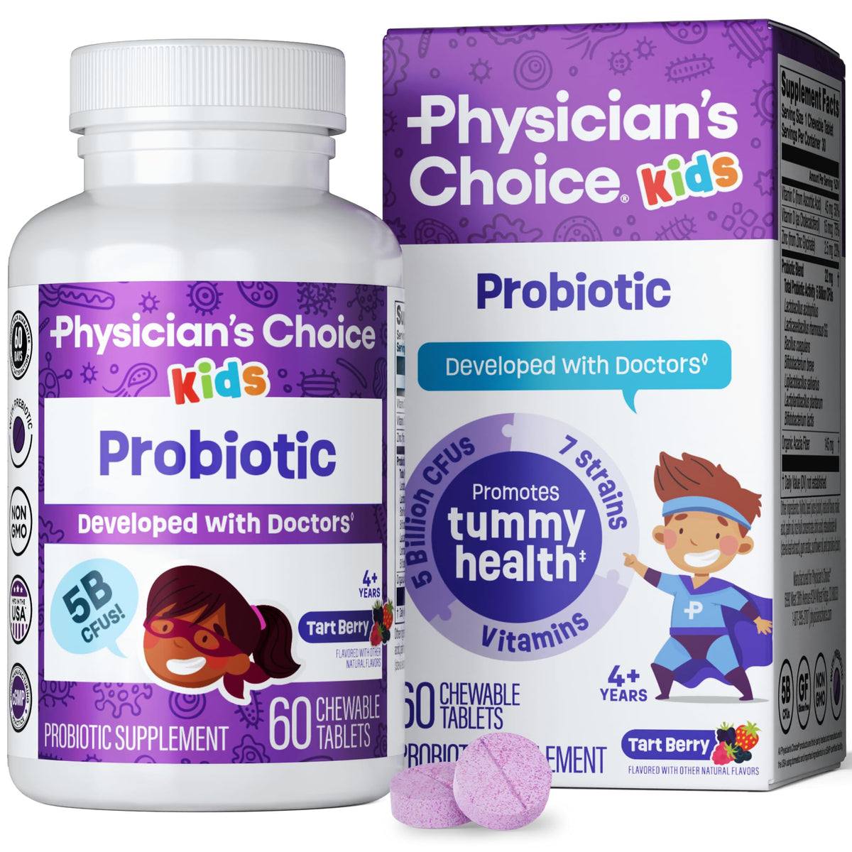 Physician's CHOICE Kids Probiotic Chewable Tablets front view with berry flavour