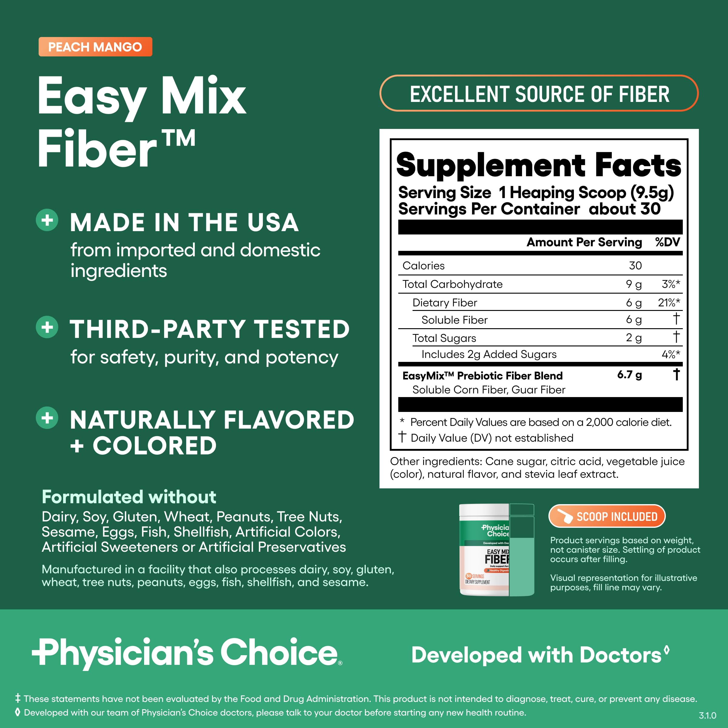 Physician's CHOICE Peach Mango Easy Mix Fiber Powder on a kitchen counter
