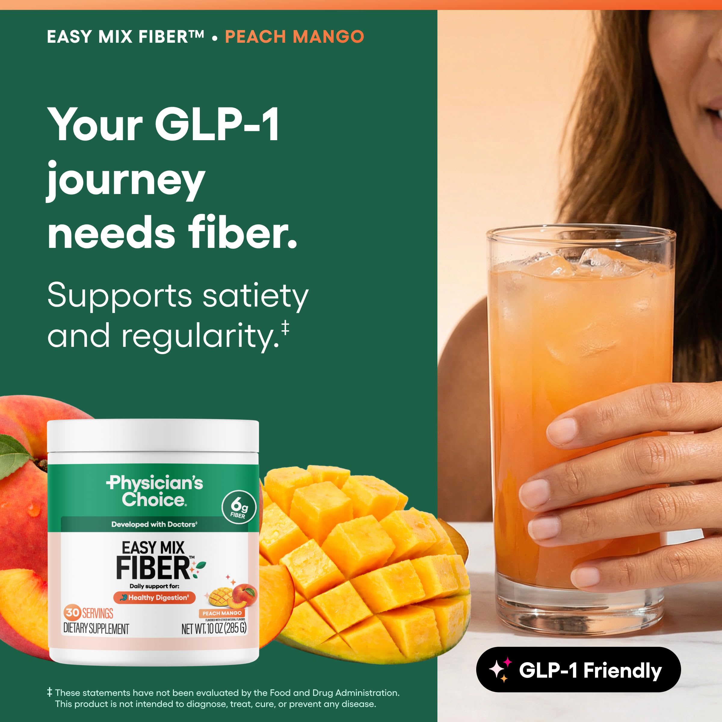 Physician's CHOICE Peach Mango Easy Mix Fiber Powder with fresh peaches and mangoes