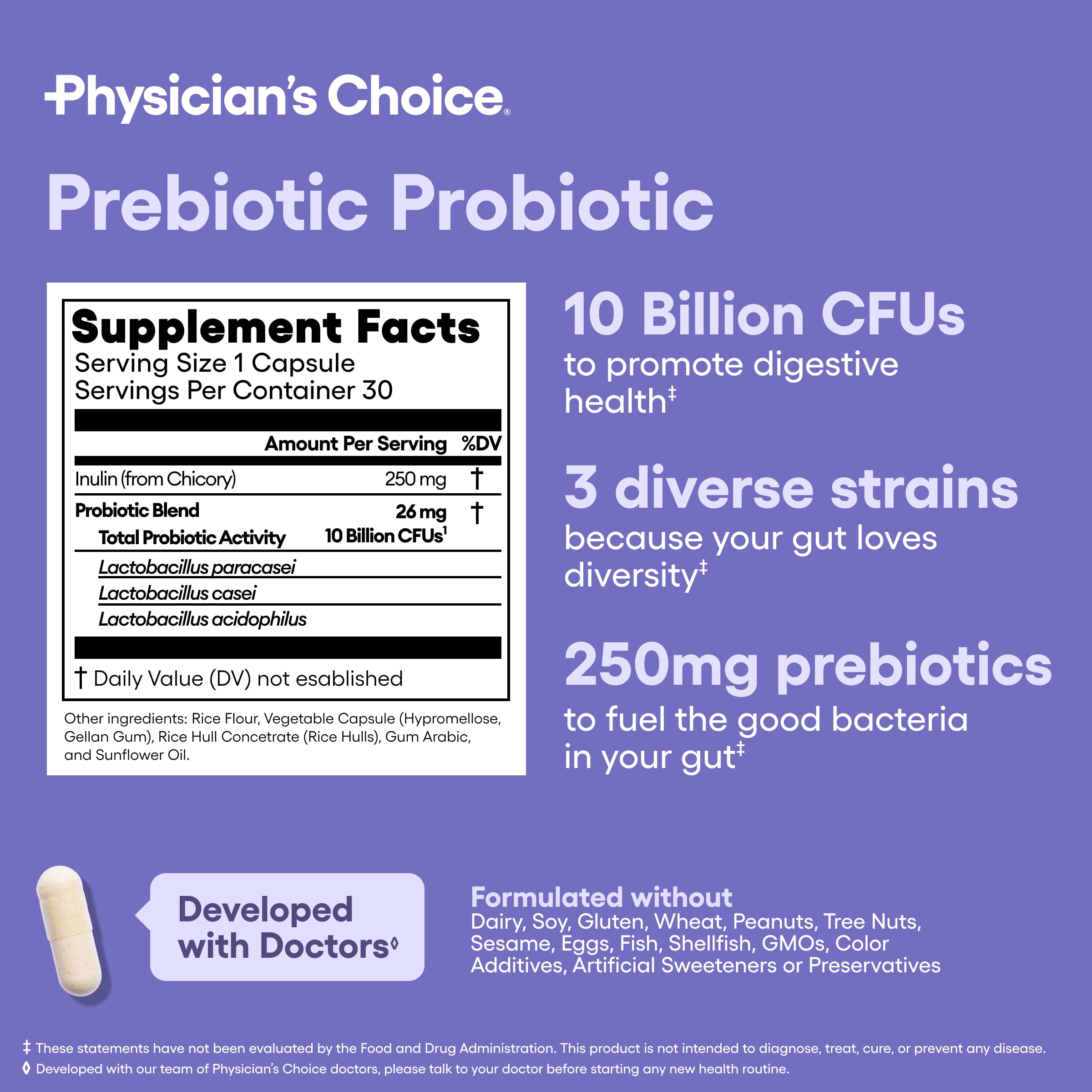 Physician's CHOICE Prebiotic Probiotic Combo 68g bottle on a kitchen counter