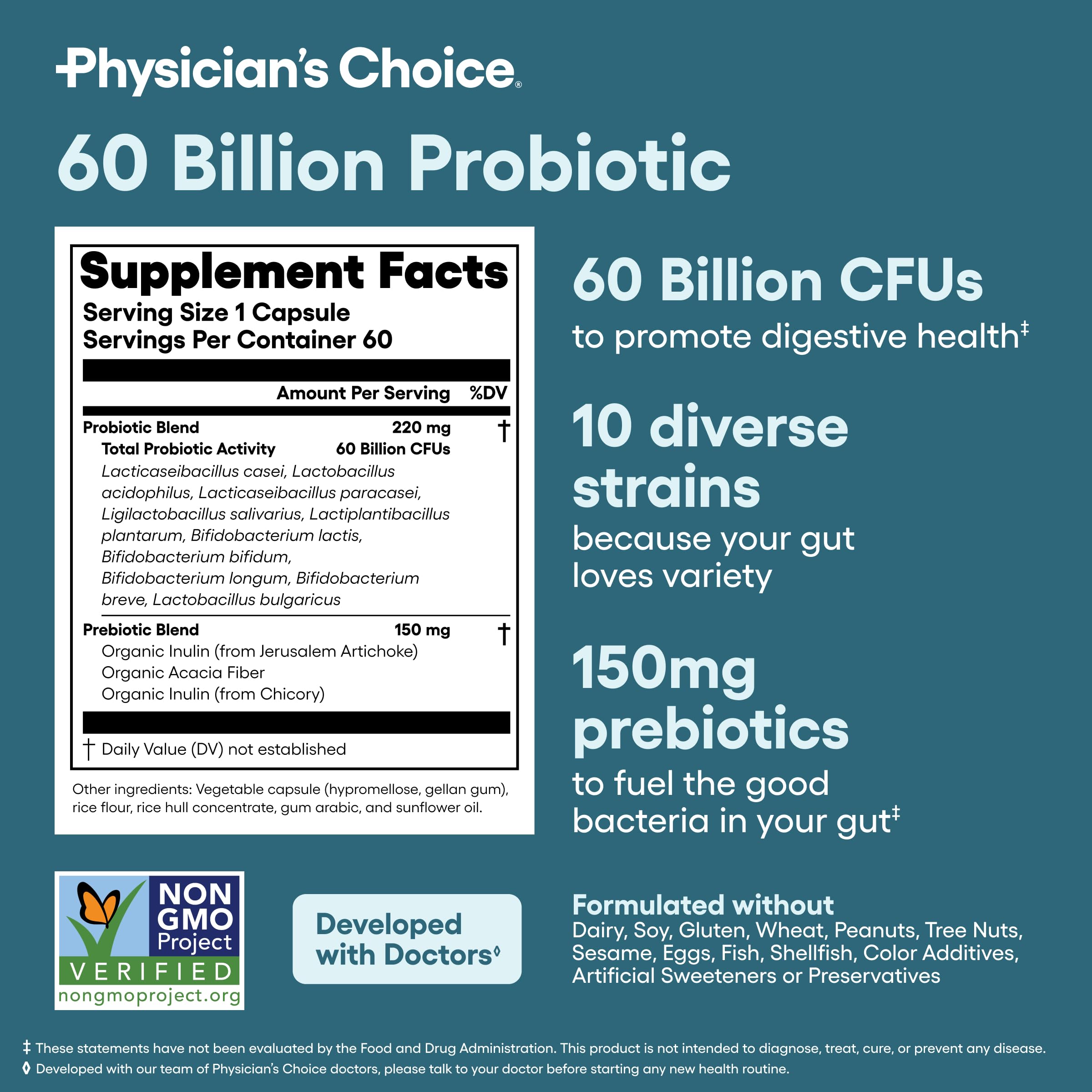 Physician's CHOICE Probiotic Max Strength 60ct Capsules on a wooden table