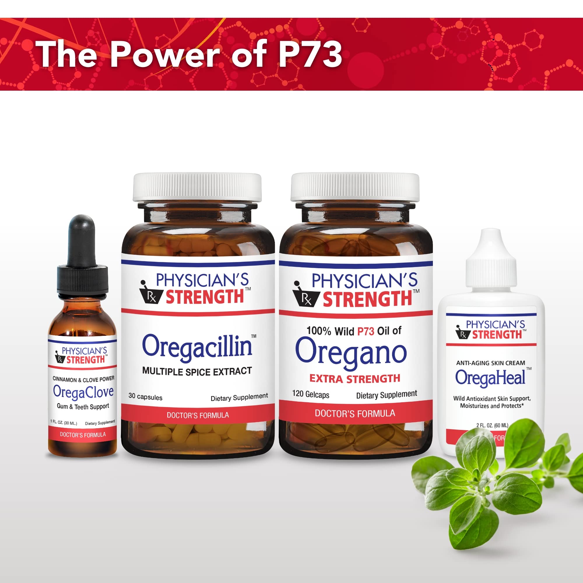 Physician's Strength Oregacillin Multi-Spice Extract bottle with background herbs