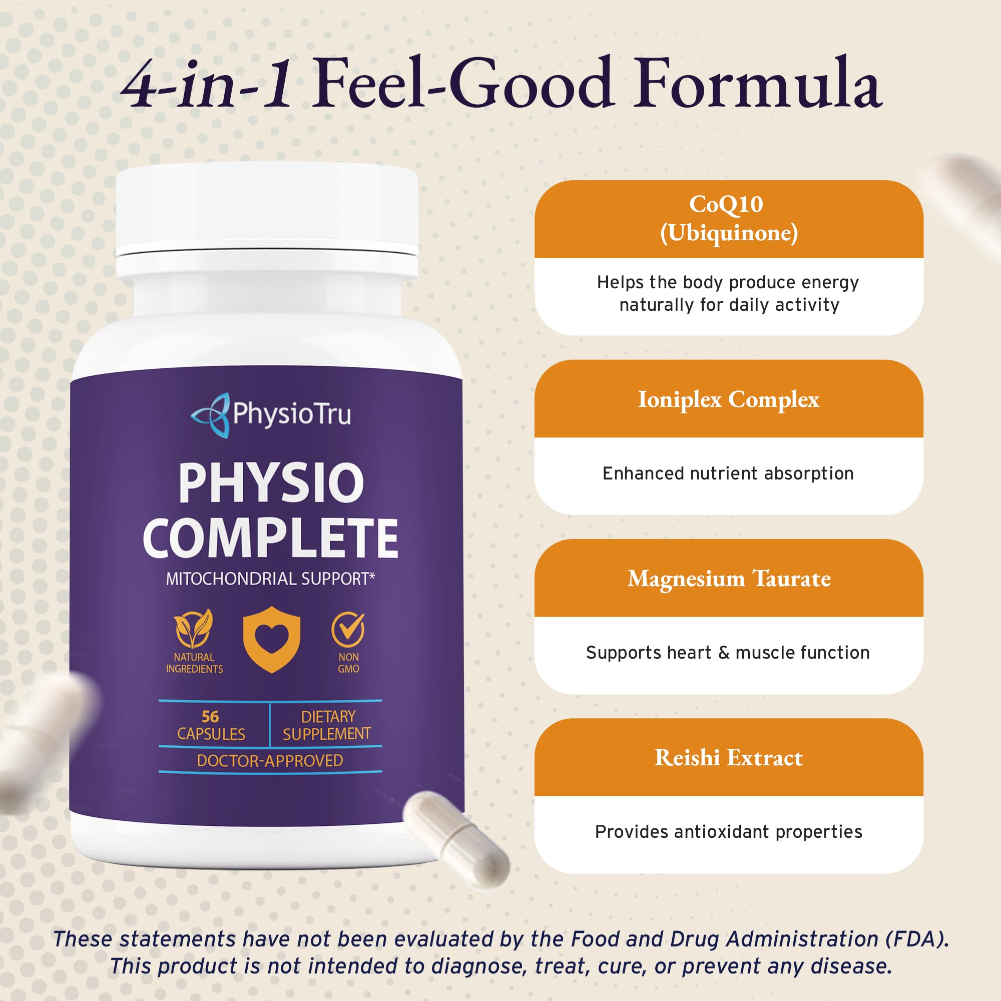 PhysioTru CoQ10 Supplement 150mg capsules on a table