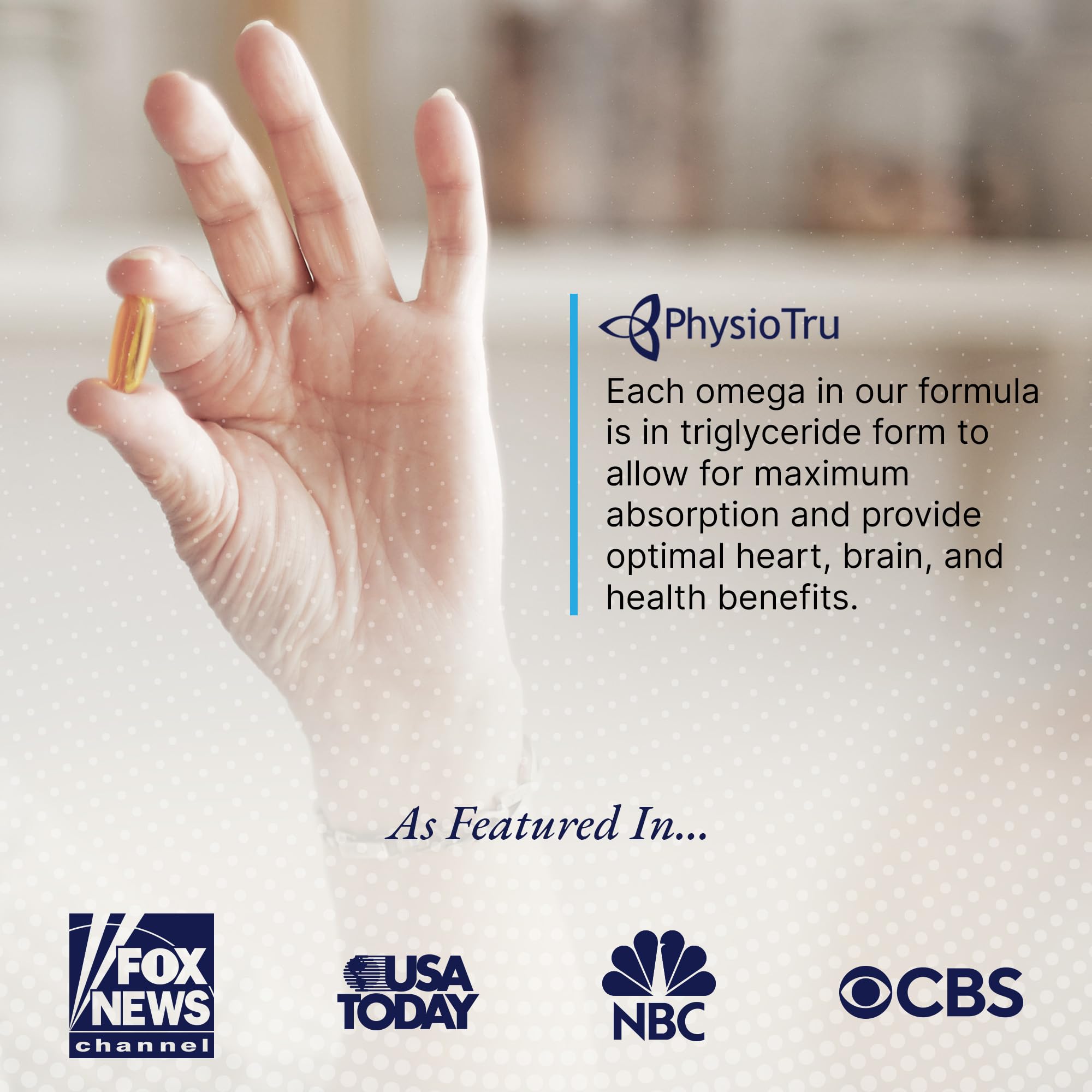 PhysioTru Omega-3 Fish Oil Supplement softgels on a table