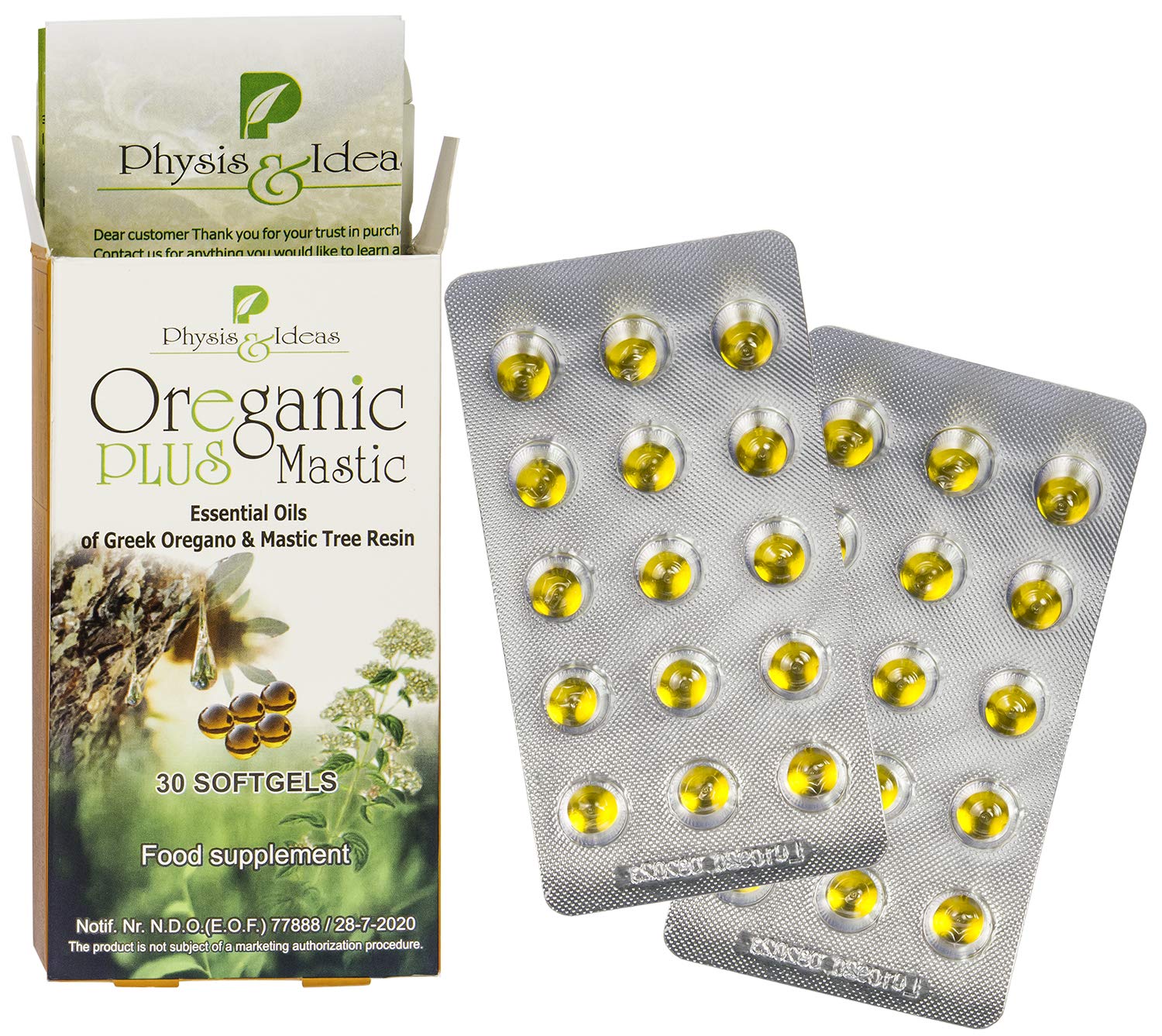 Physis & Ideas Oregano Oil Softgels back view with ingredient list
