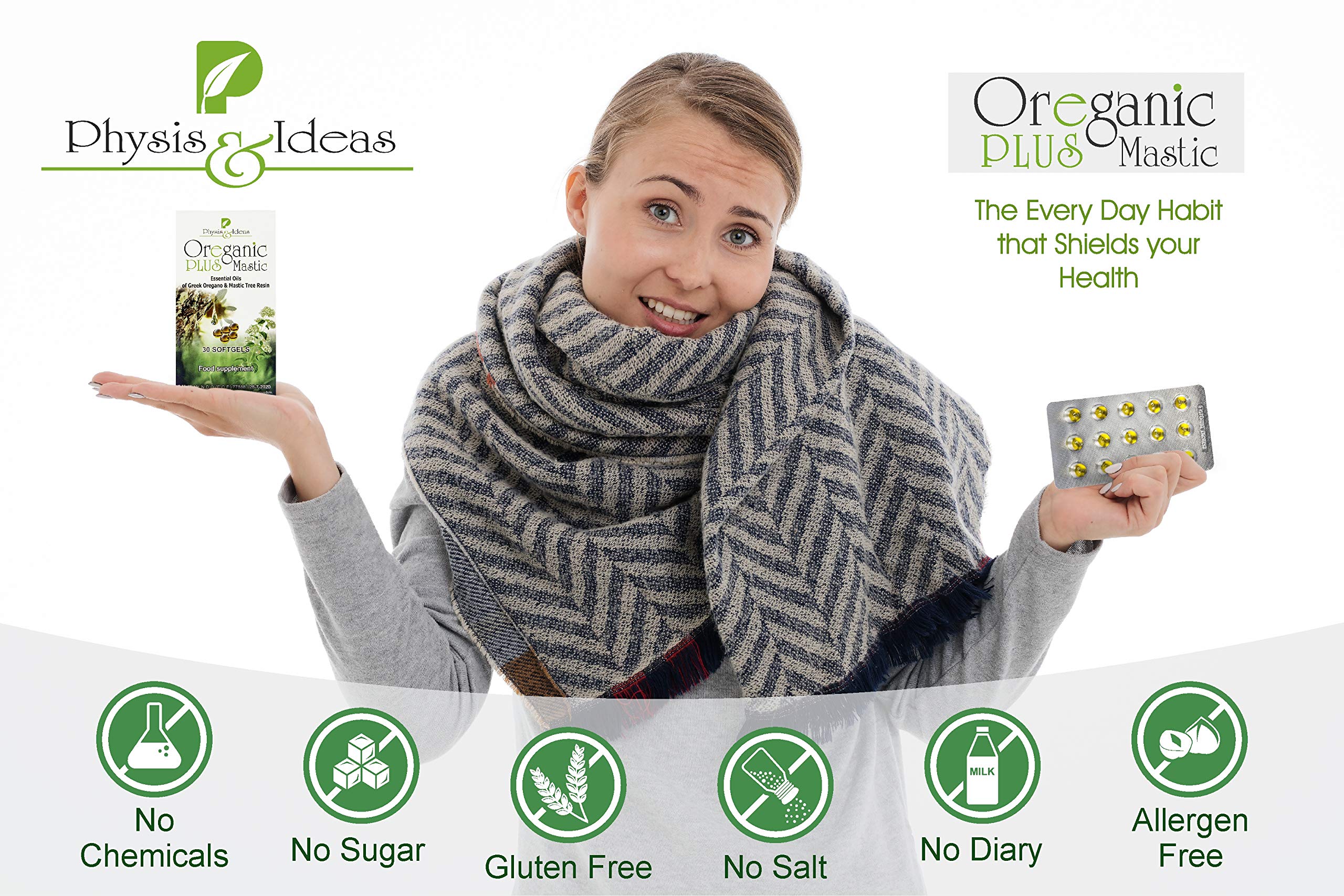 Physis & Ideas Oregano Oil Softgels on a wooden table