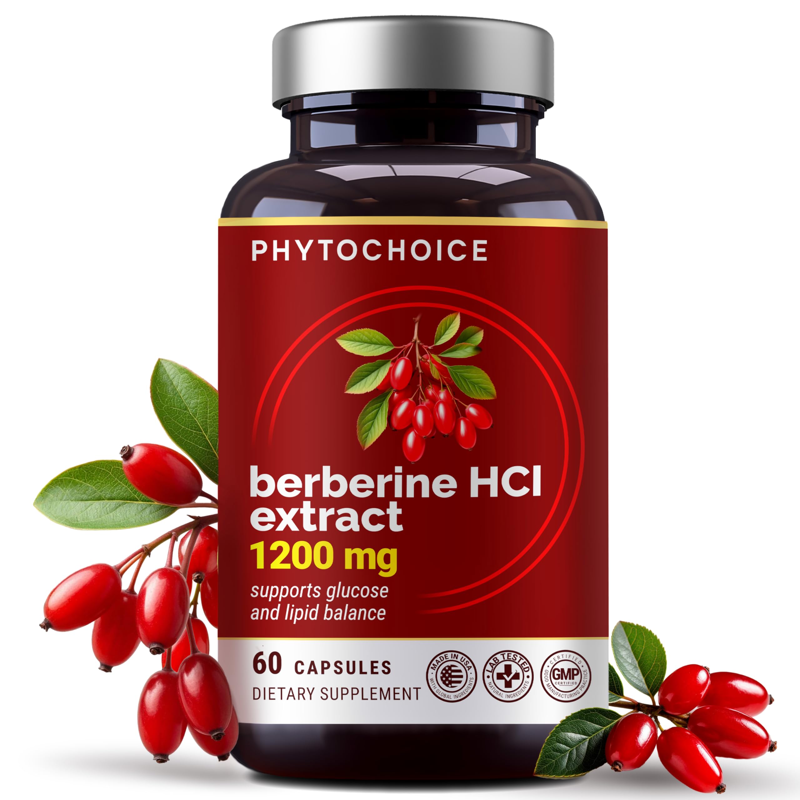 PHYTOCHOICE Berberine Supplement 1200mg front view