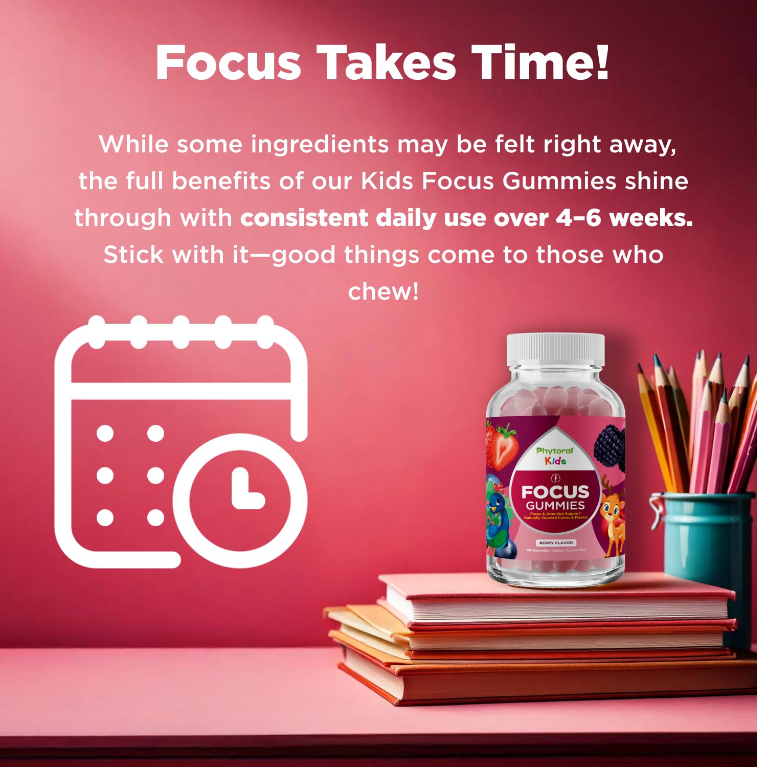 Phytoral Kids Brain Support Gummies with a colourful background