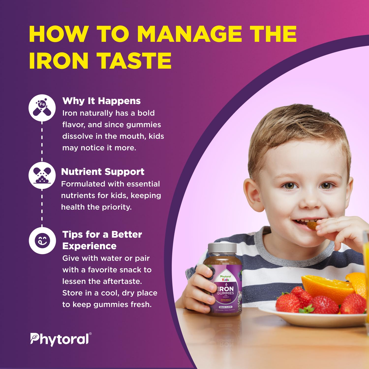 Phytoral Kids Chewable Iron Multivitamin Gummies on a table