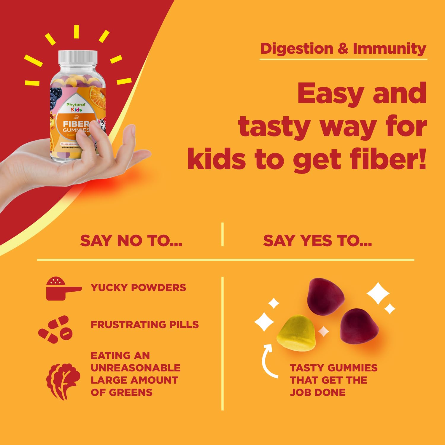 Phytoral Kids Prebiotic Fiber Gummies displayed with fresh fruit