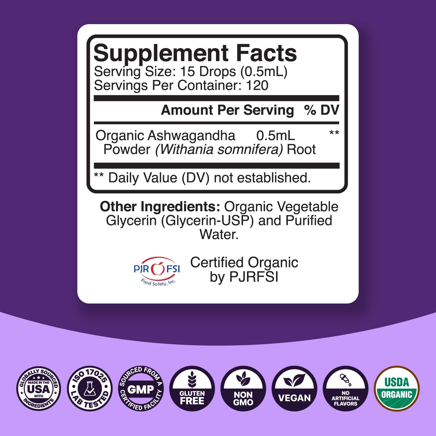 Phytoral Organic Ashwagandha Extract 141g drops label close-up