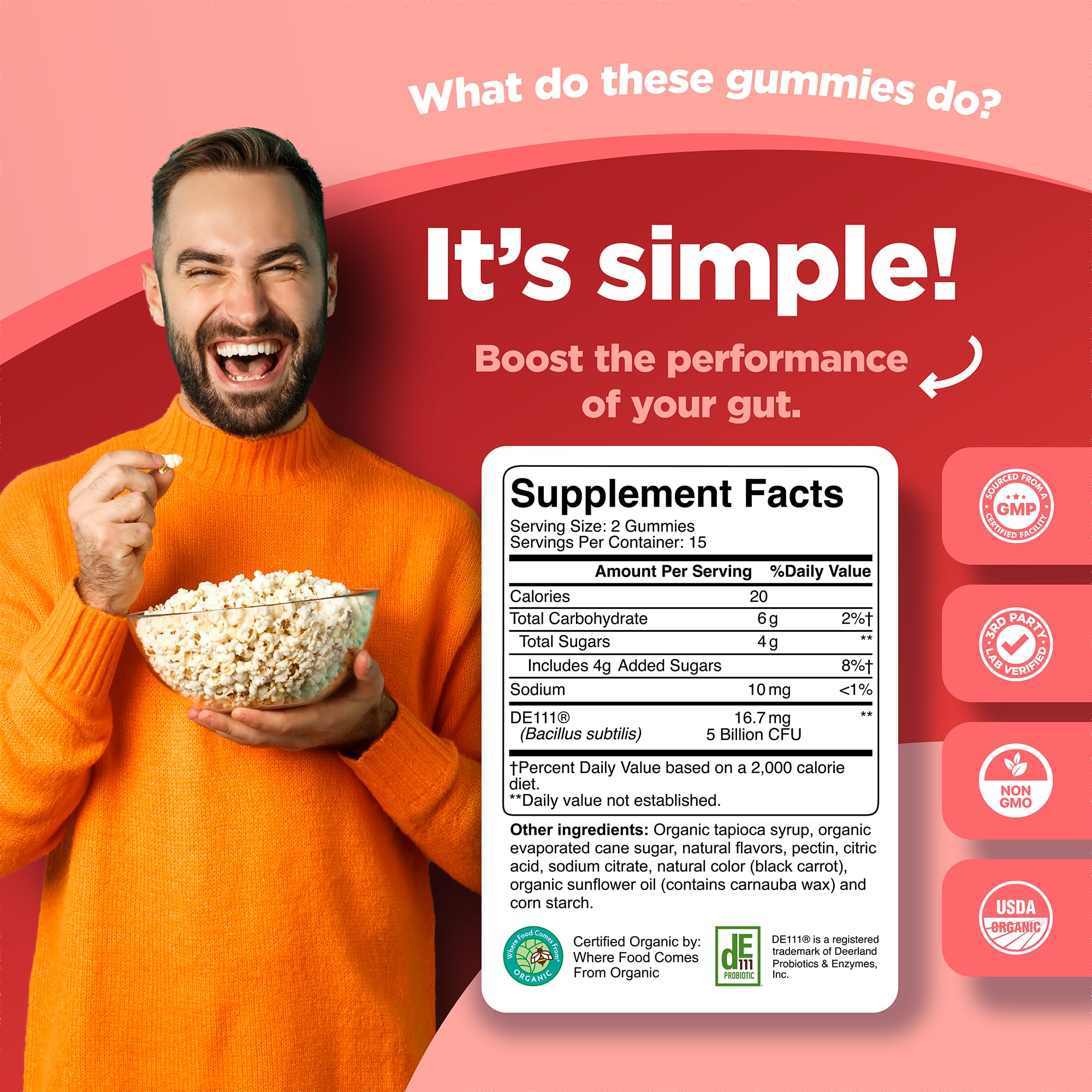 Phytoral Organic Probiotic Gummies back view with ingredient list