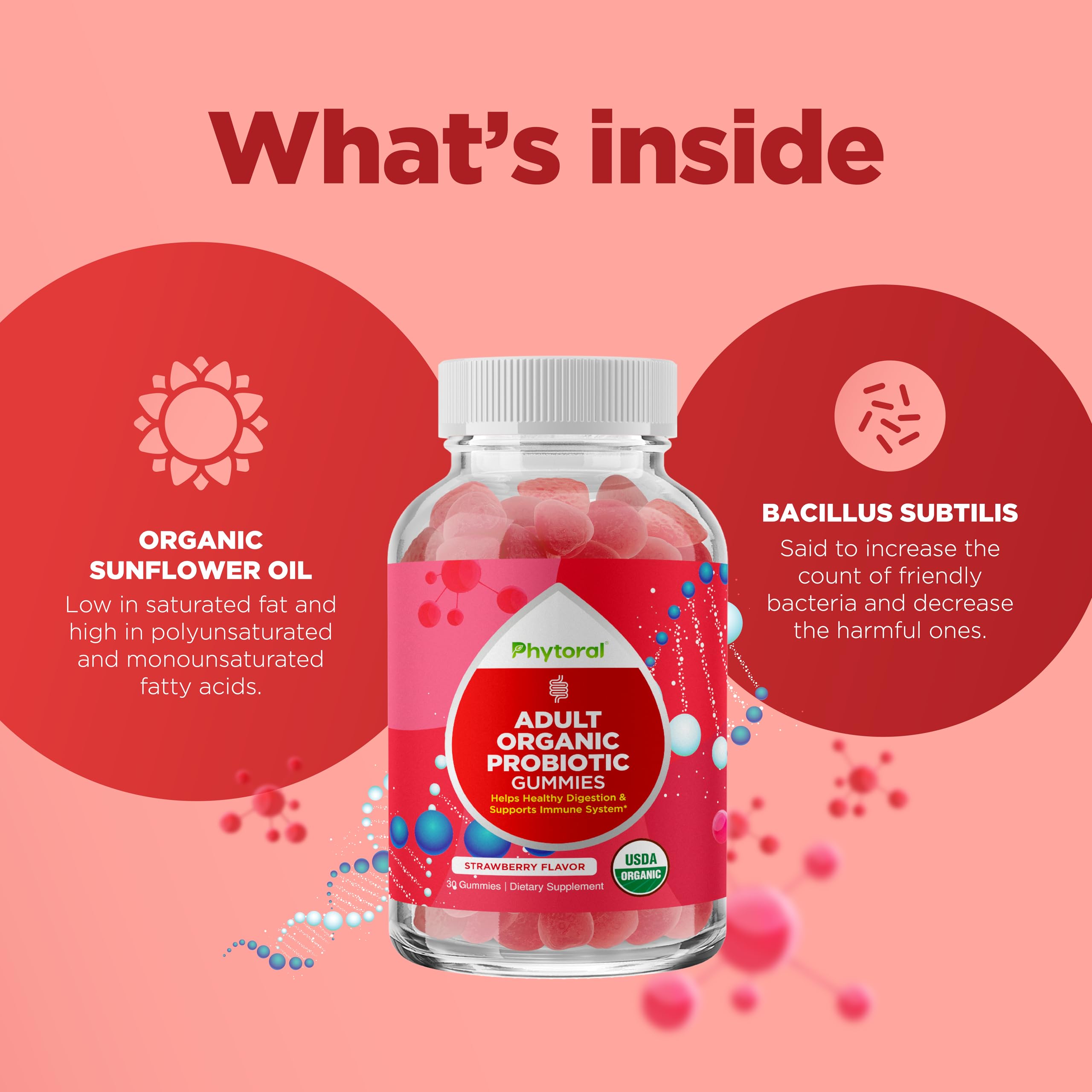 Phytoral Organic Probiotic Gummies displayed with fresh herbs