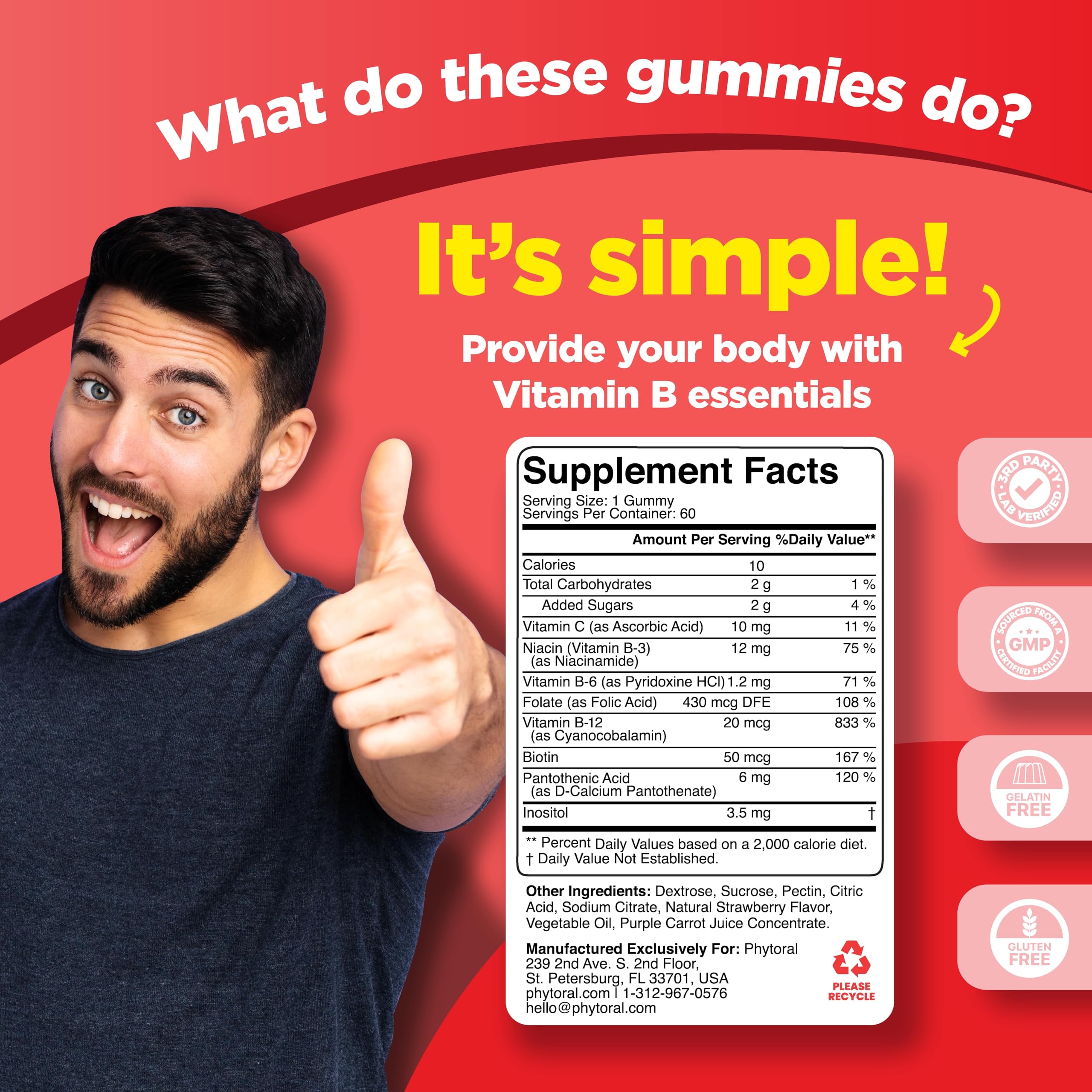 Phytoral Vitamin B Complex Gummies with a hand holding one gummy