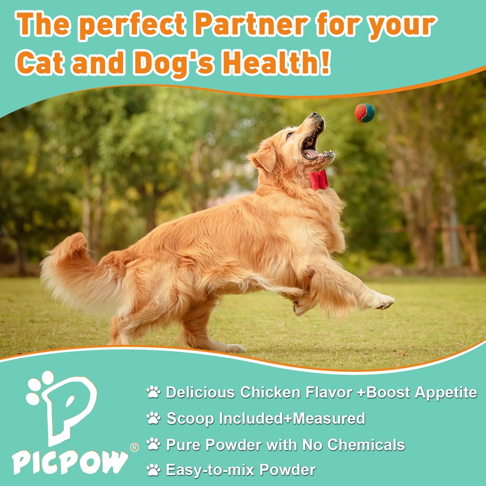 PICPOW Probiotic Powder next to a bowl of pet food