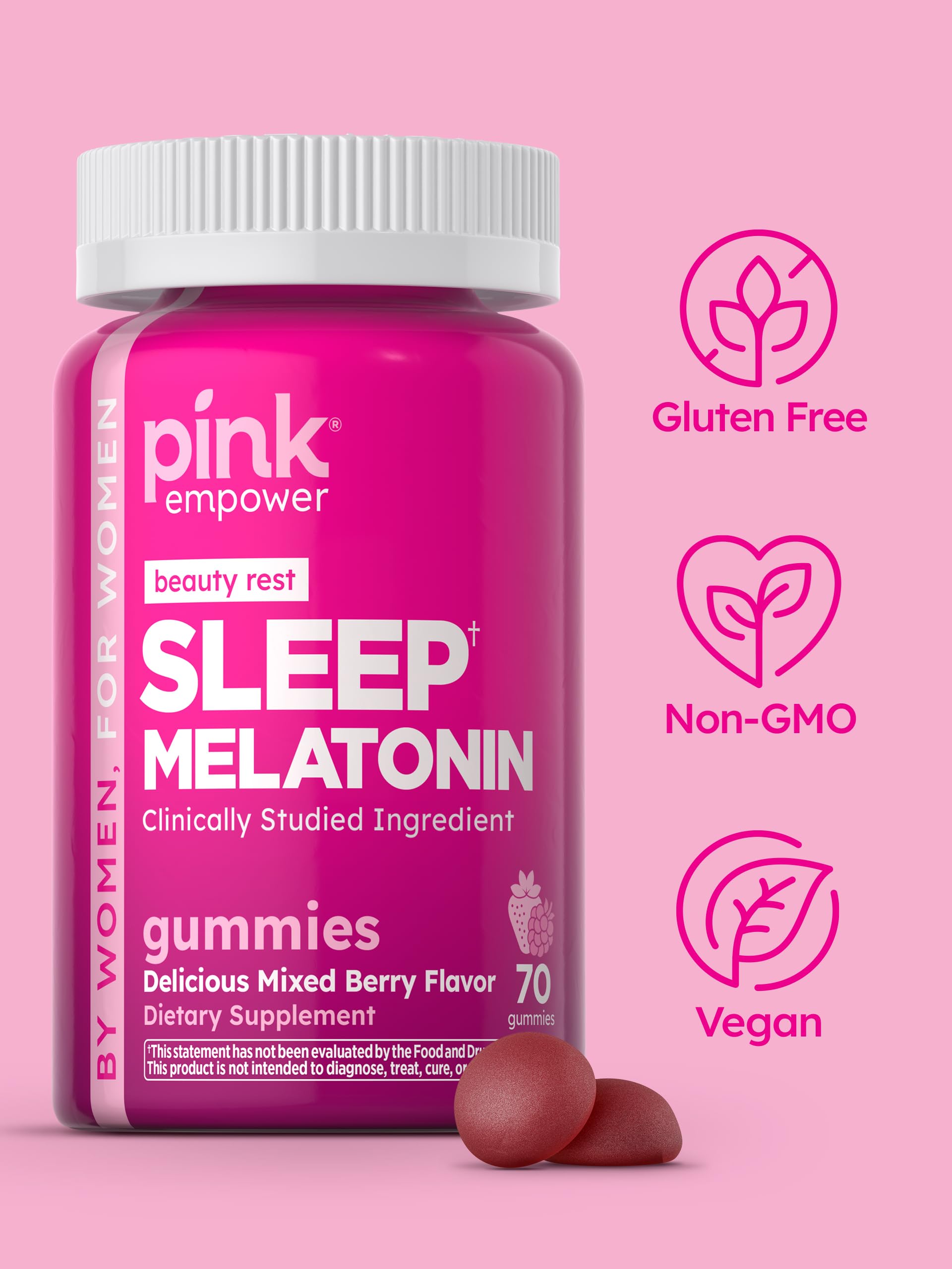 PINK Melatonin Gummies 10mg on a wooden table