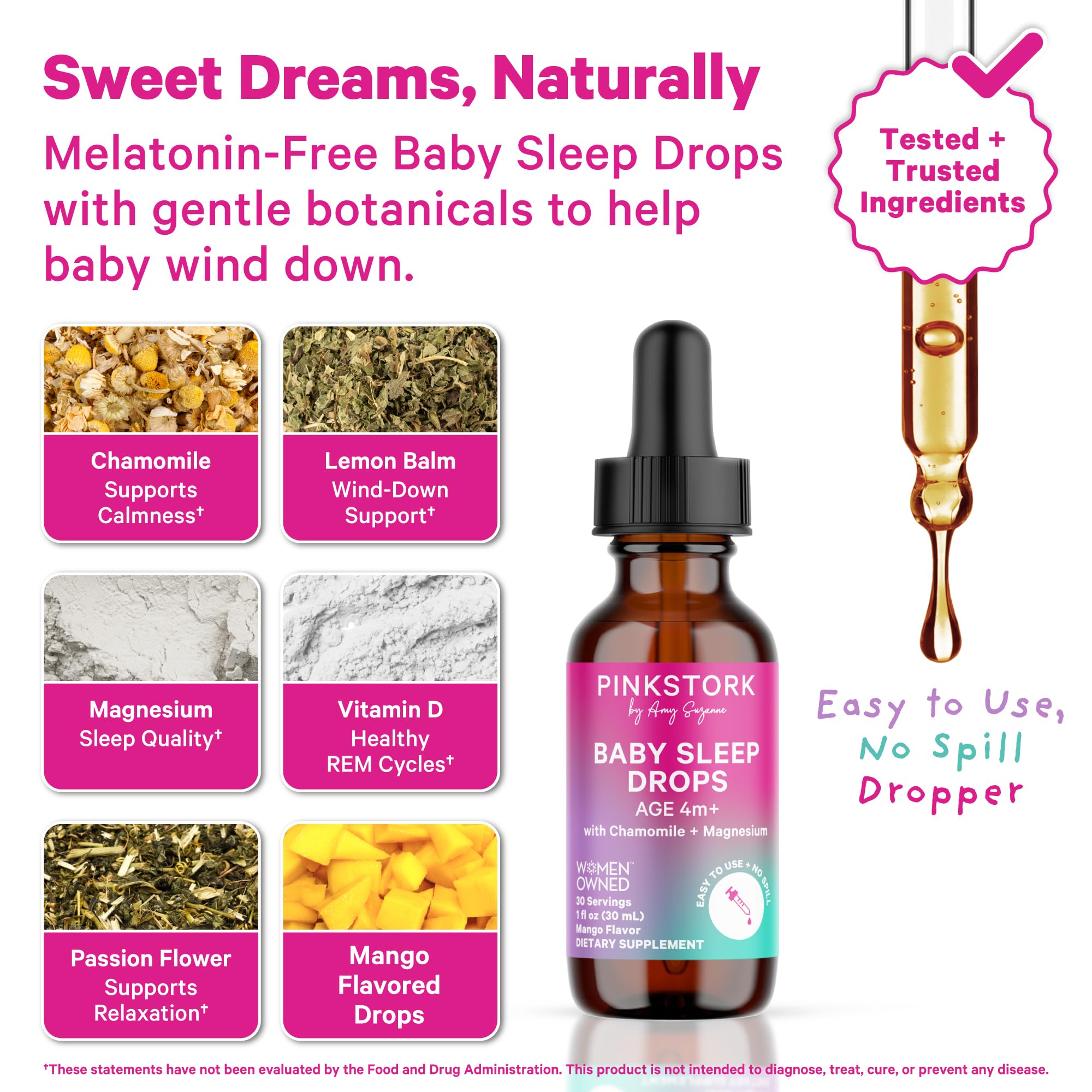 Pink Stork Baby Sleep Drops 1 oz bottle with label