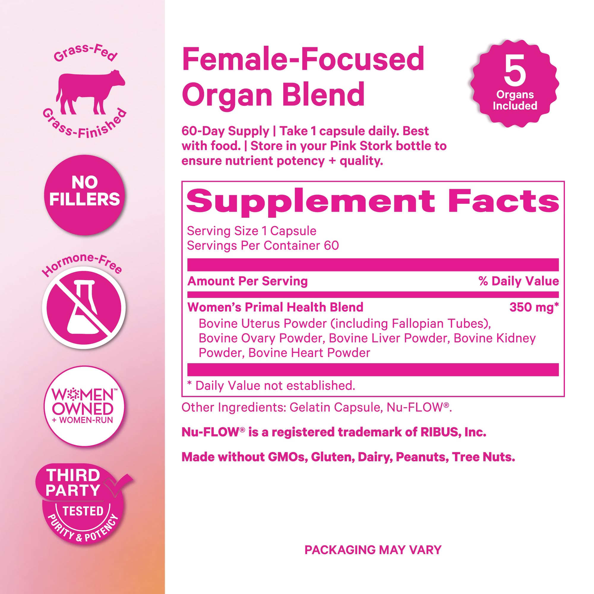 Pink Stork Beef Liver Capsules 350mg with a measuring spoon