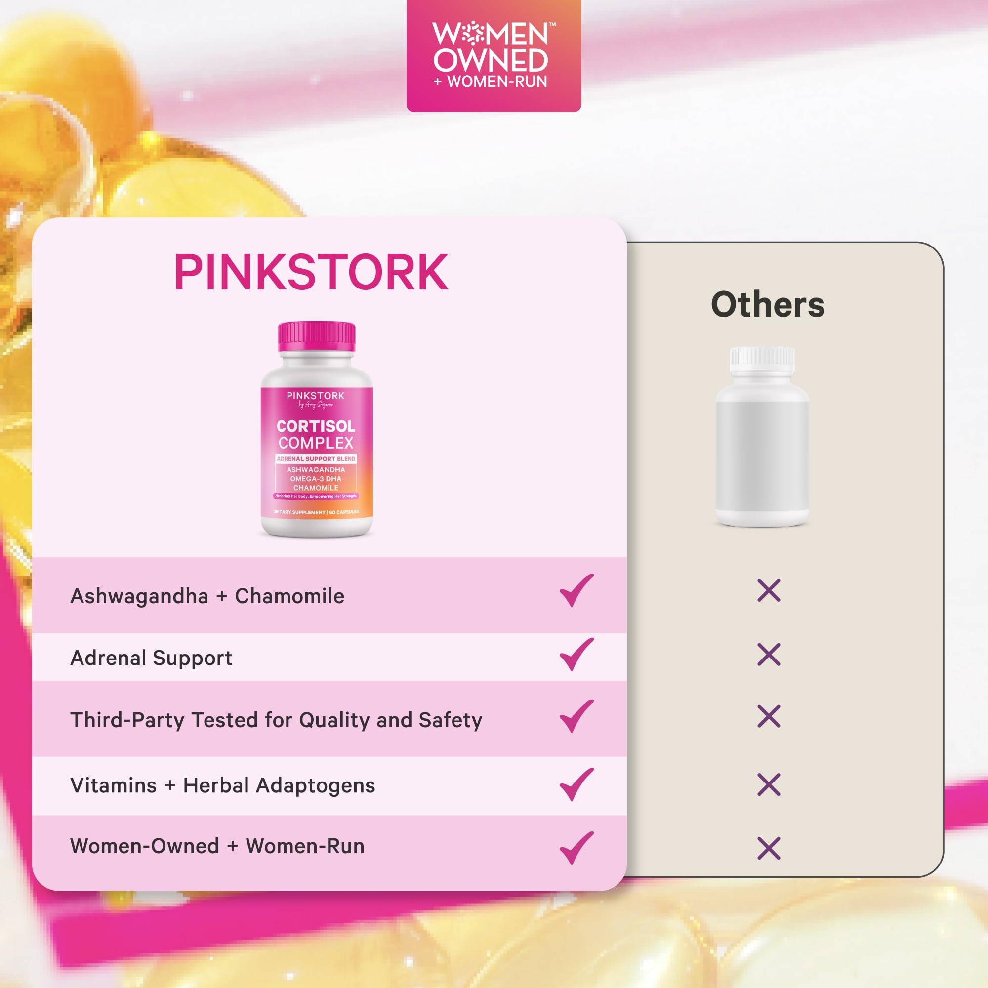 Pink Stork Cortisol Complex capsules with a measuring spoon