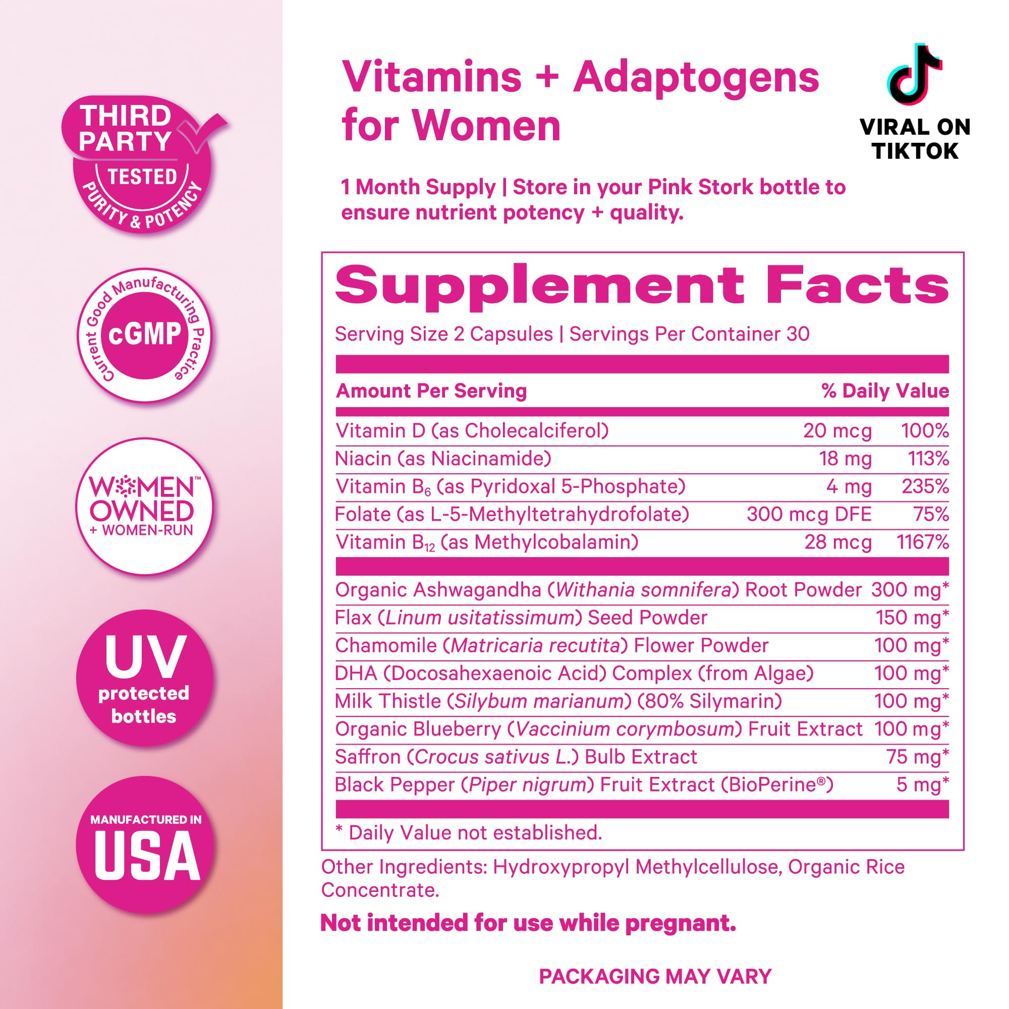 Pink Stork Cortisol Complex capsules with fresh blueberries
