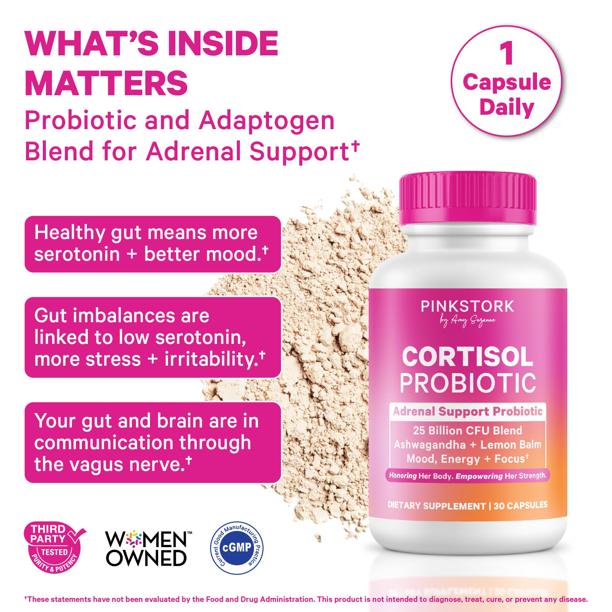 Pink Stork Cortisol Probiotic bottle with label